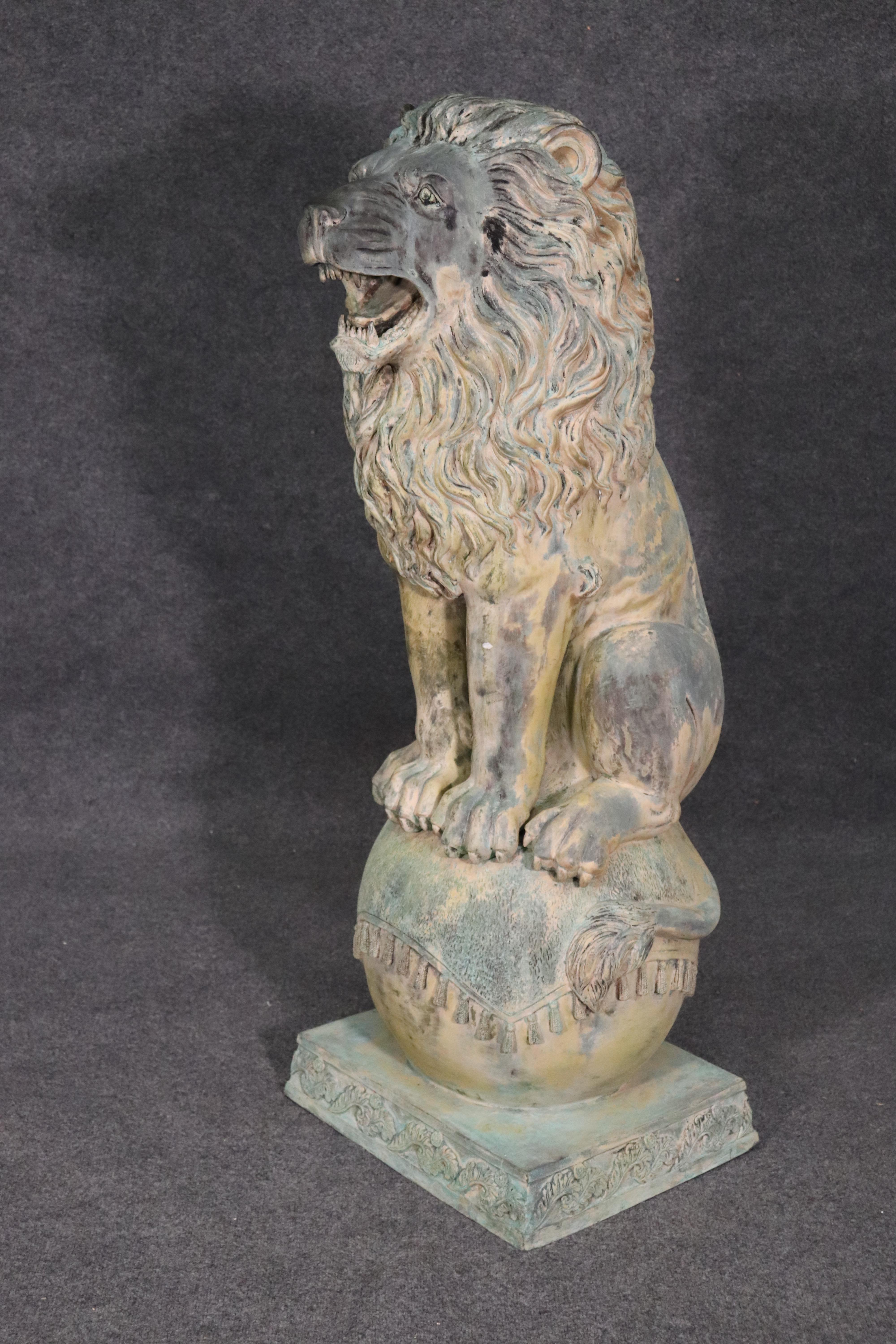 Large Verdigris Bronze Highly Detailed Naturalistic Standing Lion on Ball 1