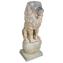 Large Verdigris Bronze Highly Detailed Naturalistic Standing Lion on Ball