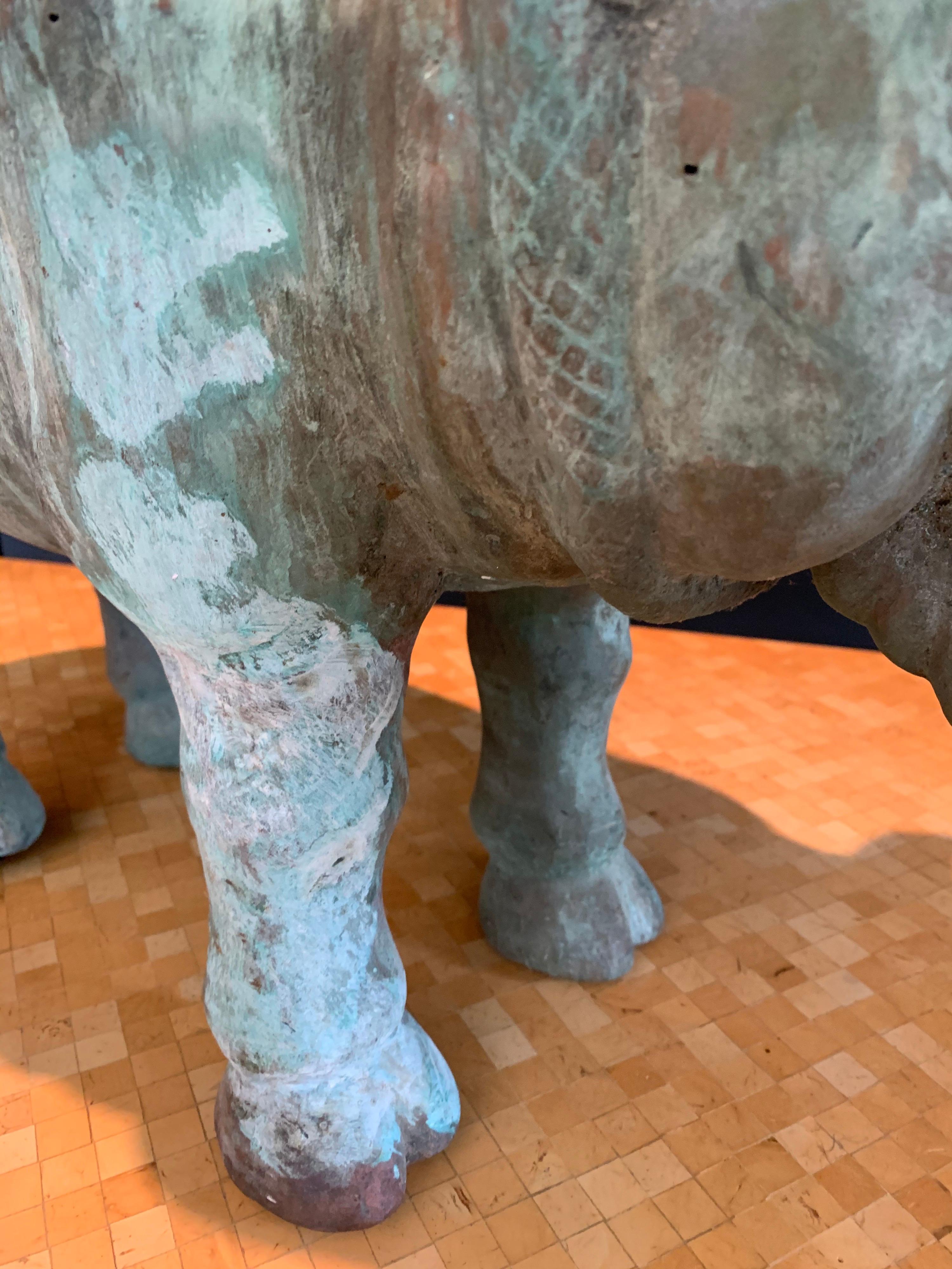 Patinated Large Verdigris Bronze Hippopotamus Sundial Garden Sculpture