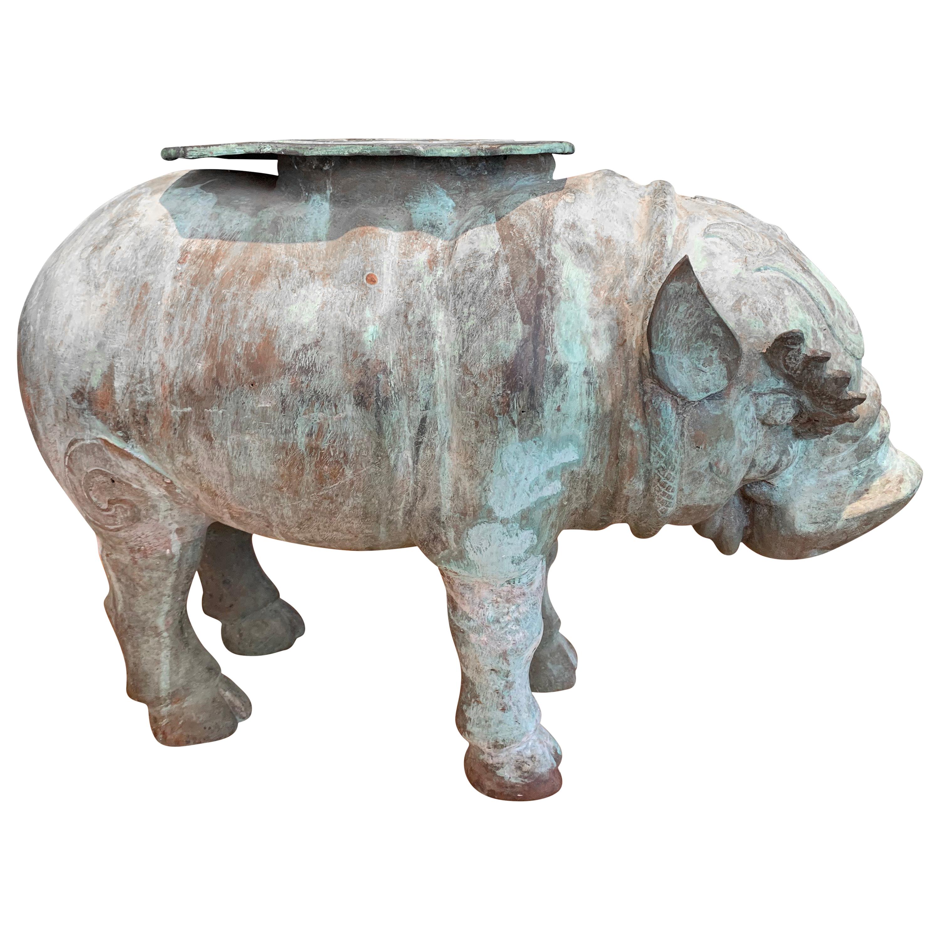 Large Verdigris Bronze Hippopotamus Sundial Garden Sculpture