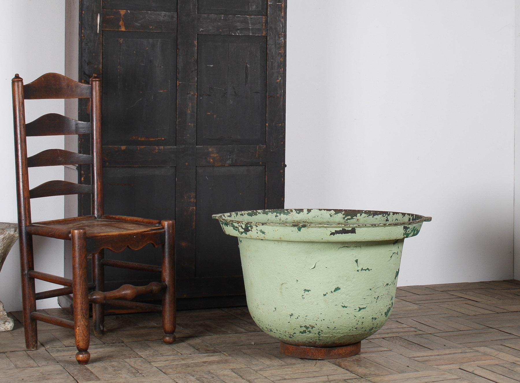 English Large Verdigris Copper Green Painted Cast Iron Cauldron Garden Planter Pot For Sale