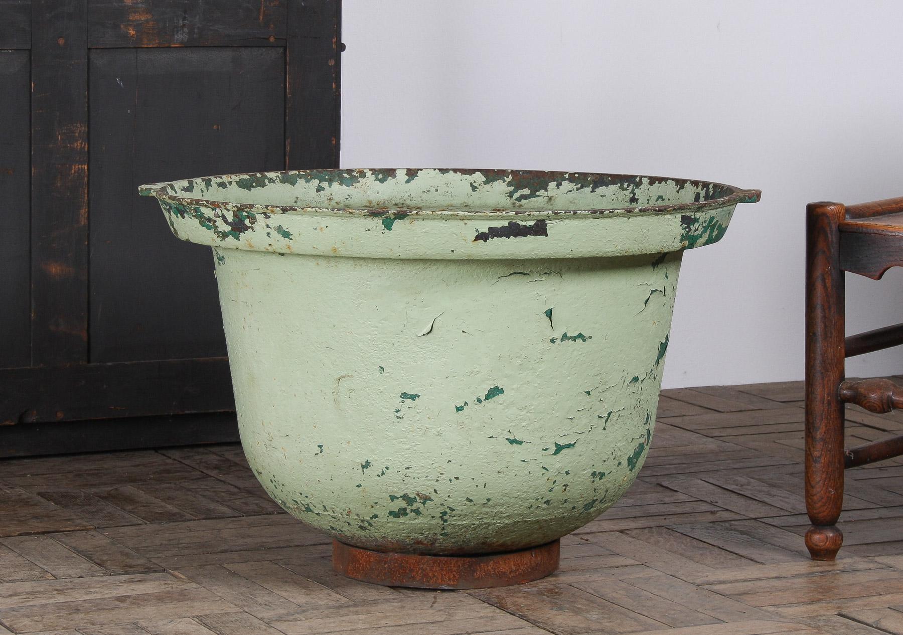 19th Century Large Verdigris Copper Green Painted Cast Iron Cauldron Garden Planter Pot For Sale