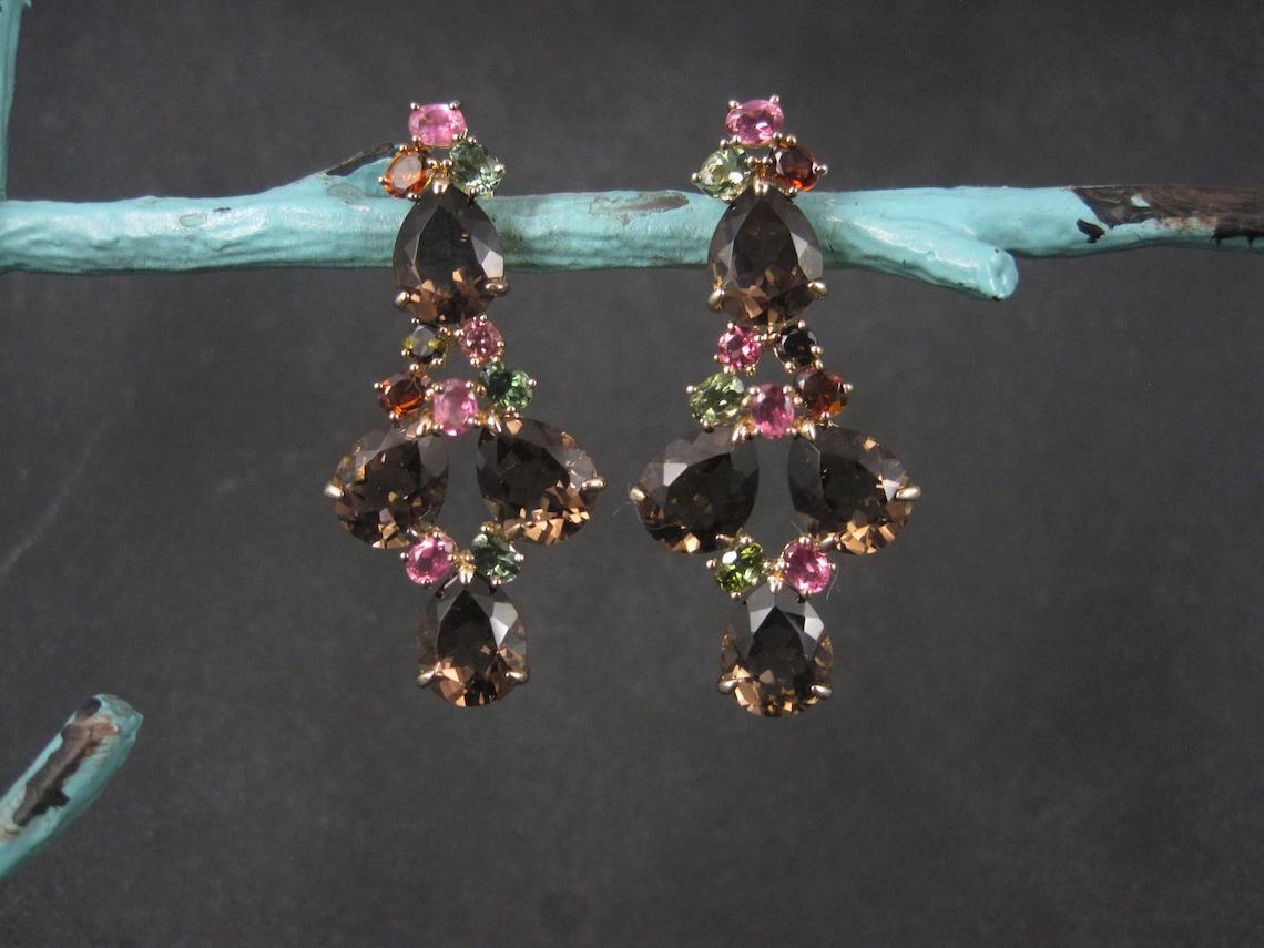 Mixed Cut Large Vermeil Sterling Tourmaline and Quartz Gemstone Earrings For Sale