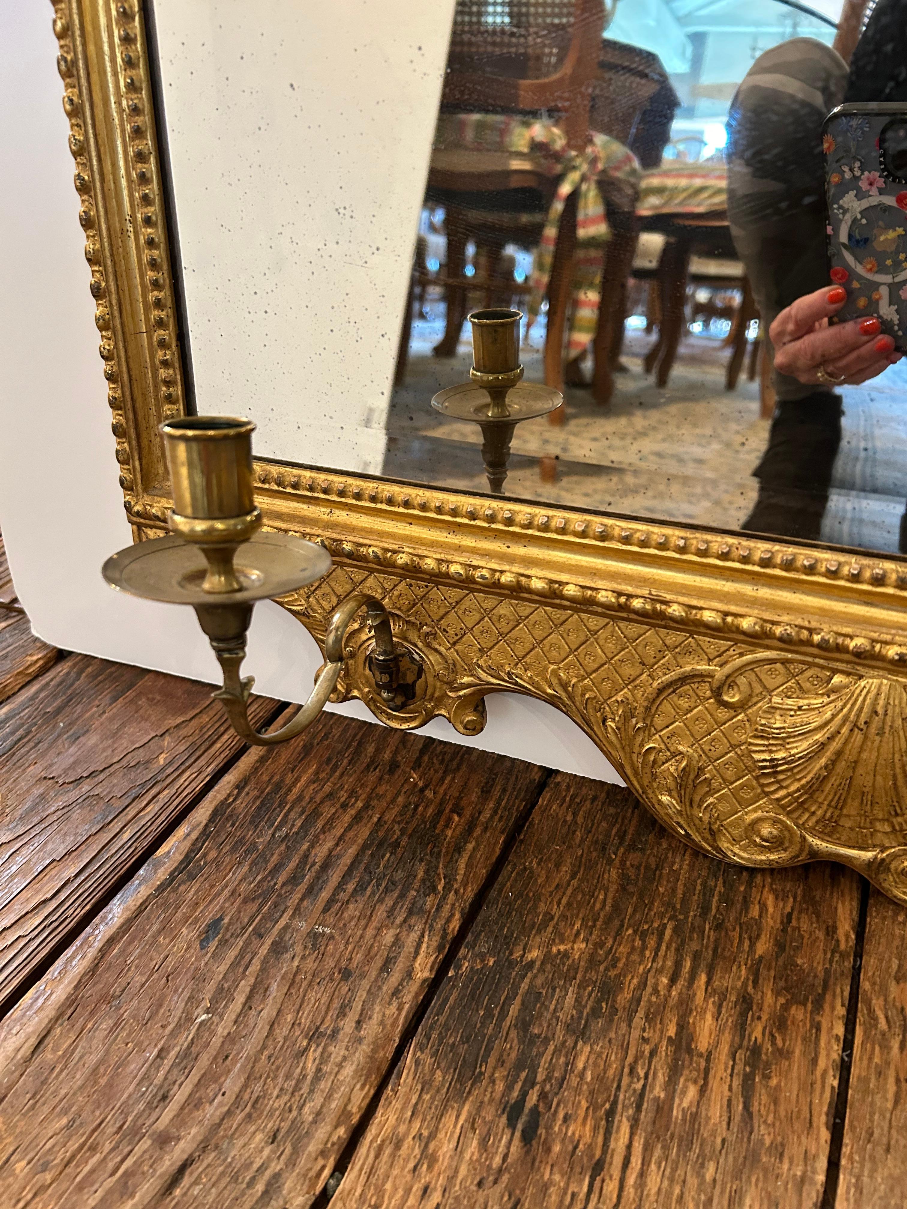 American Large Vertical Bevelled Mirror with Beautiful Giltwood Frame and Candle Sconces