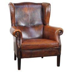 Sillón orejero vintage grande y muy cómodo de piel de oveja con bonitos colores