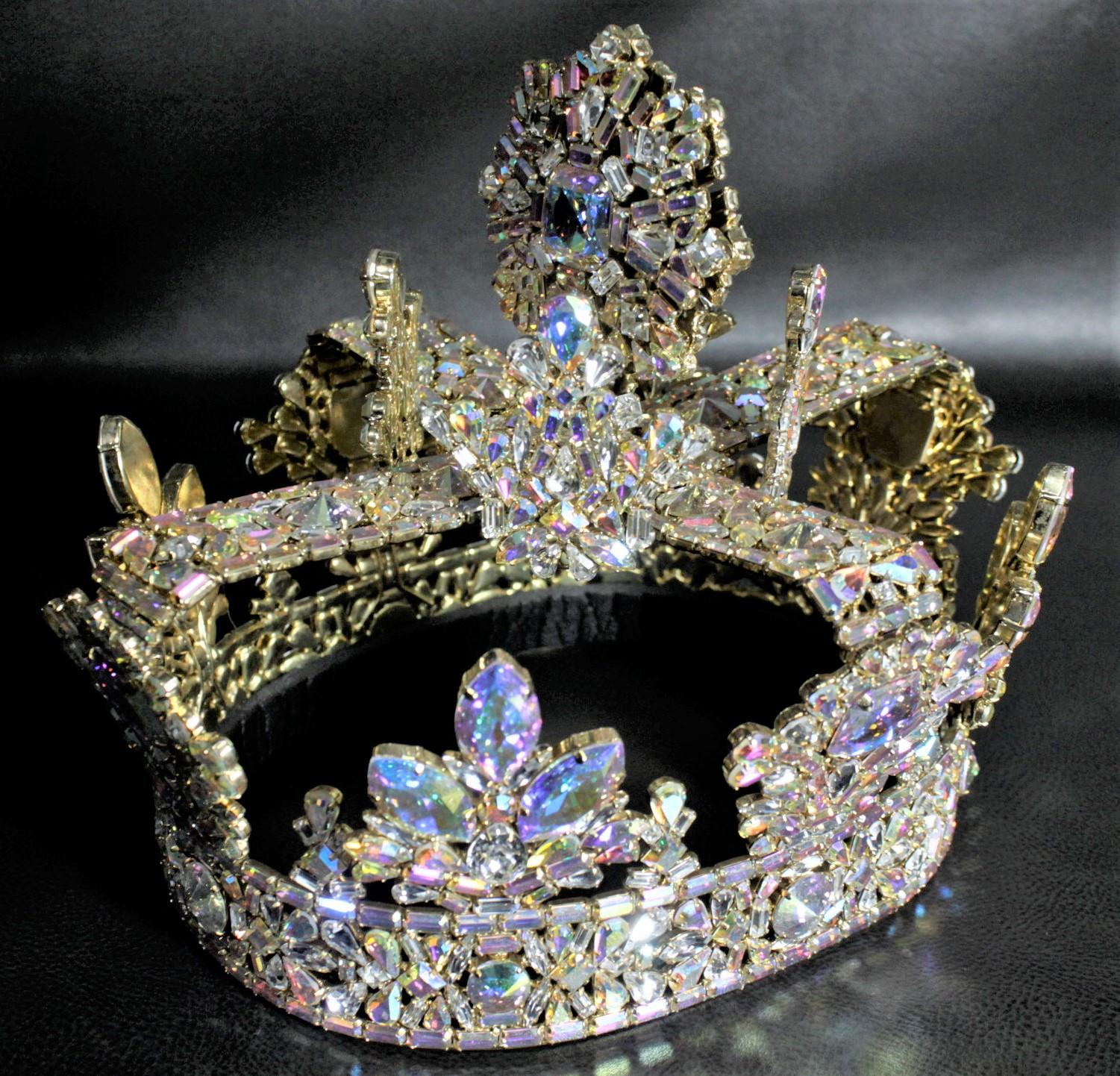 20th Century Large & Very Elaborate Costume Jewelry Prong Set AB Clear Rhinestone Crown & Box