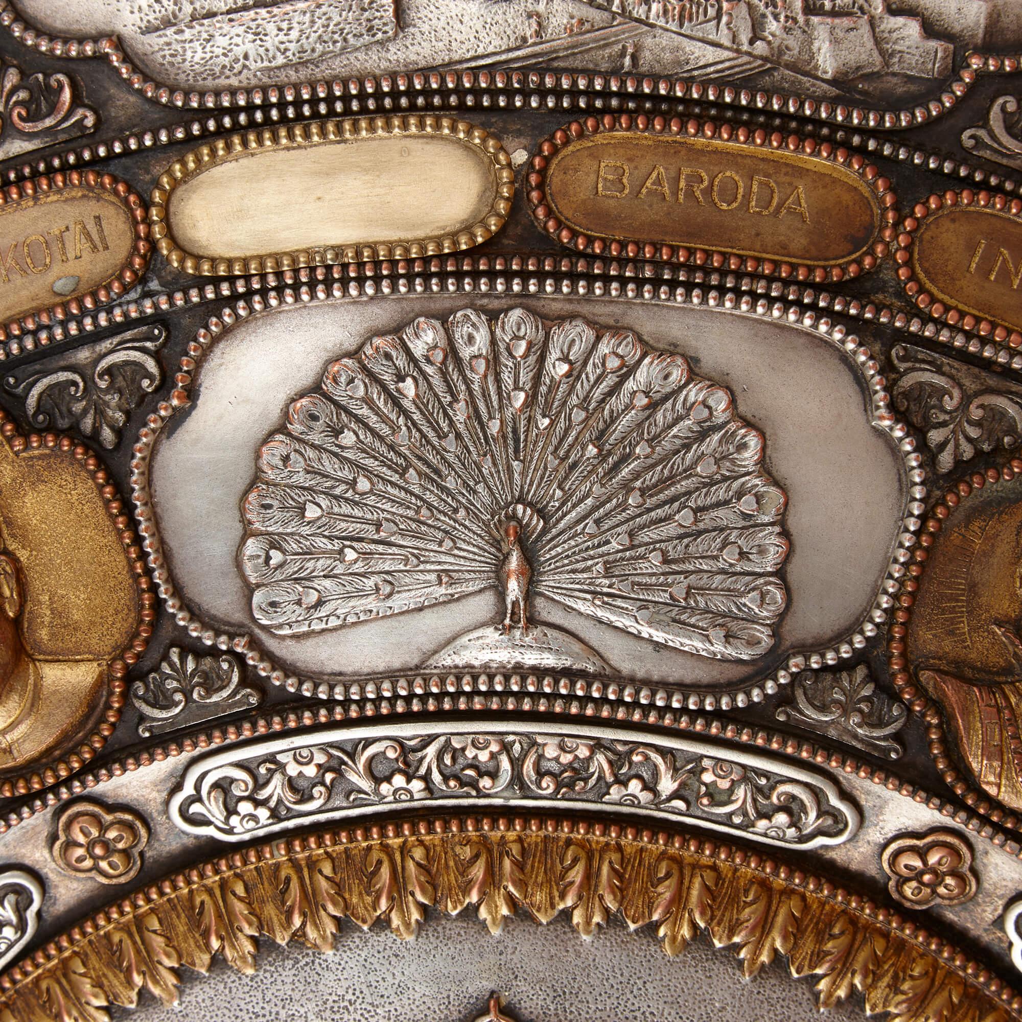 Early 20th Century Large, very fine, and unique Indian gilt-metal and silver sporting shield For Sale