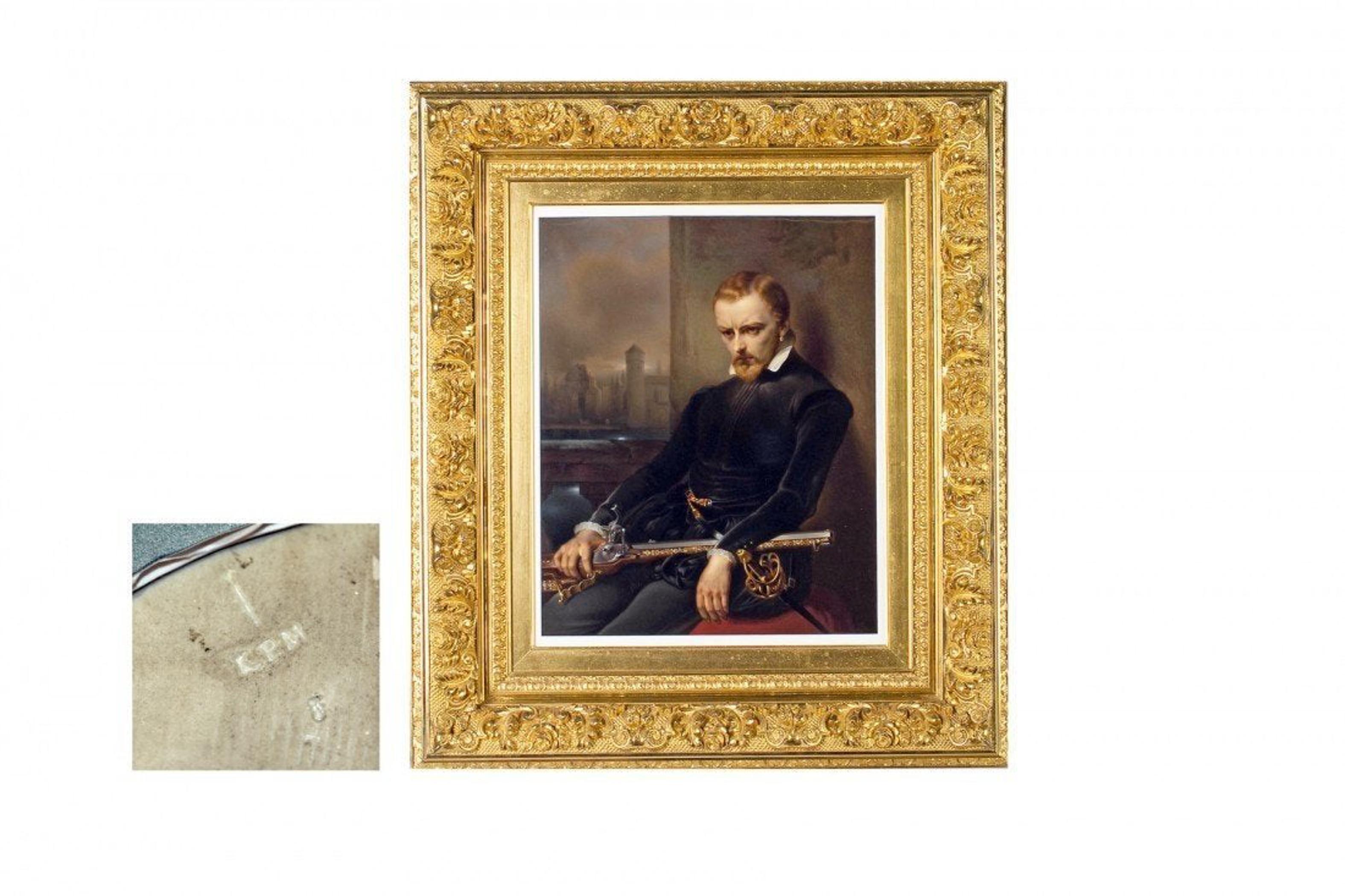 Large very fine Berlin (k.p.m.) Porcelain Plaque
late 19th century,
impressed monogram and sceptre mark and cypher,
Finely painted with a gentleman in a 17th century costume seated before a balustrade, a German inlaid wheel-lock rifle in his lap