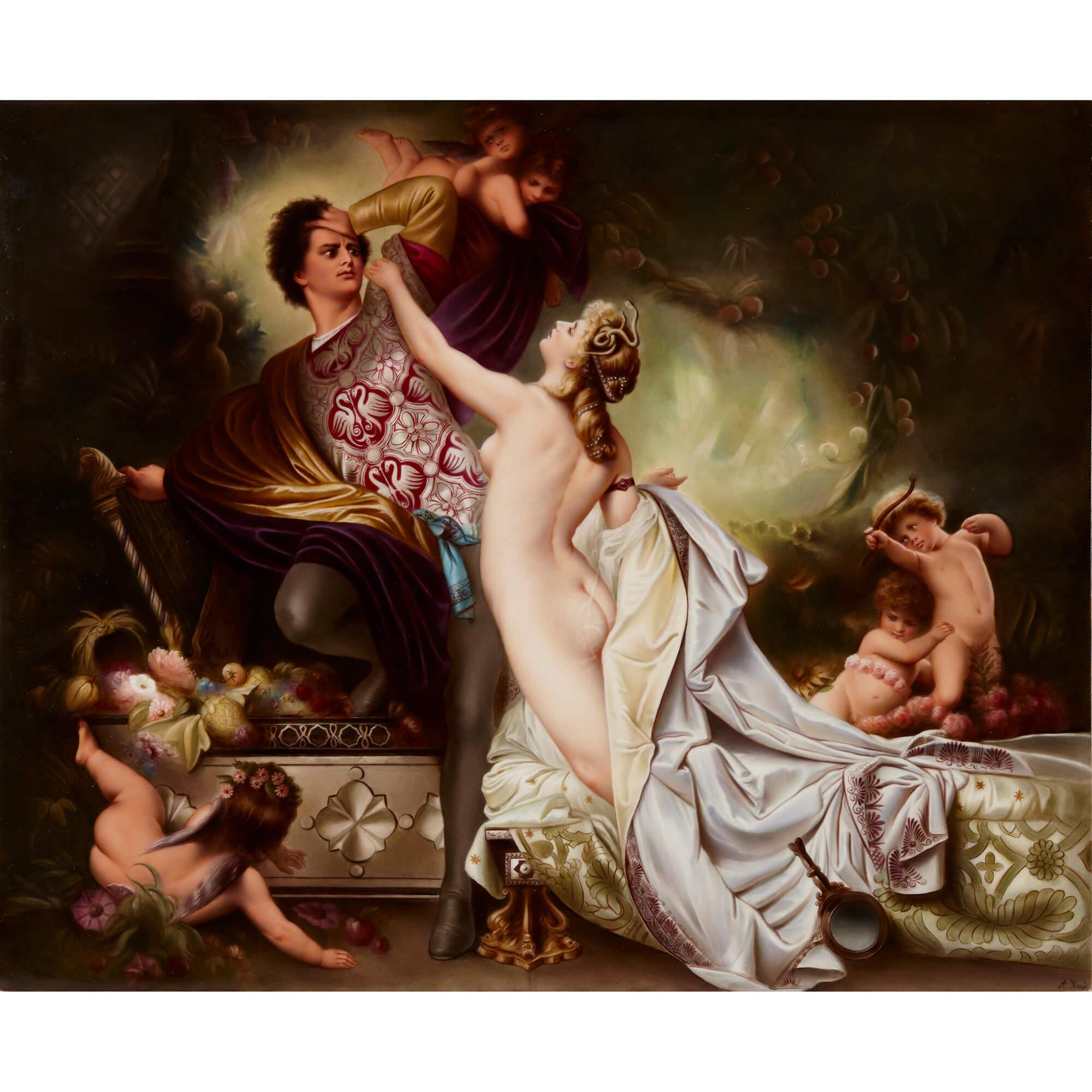 Large, very fine KPM porcelain plaque of 'Tannhauser und Venus,' after Knille
German, late 19th century
Measures: Frame: height 58cm, width 67cm, depth 7cm
Plaque: height 44cm, width 54cm

This outstanding porcelain plaque is one of the finest