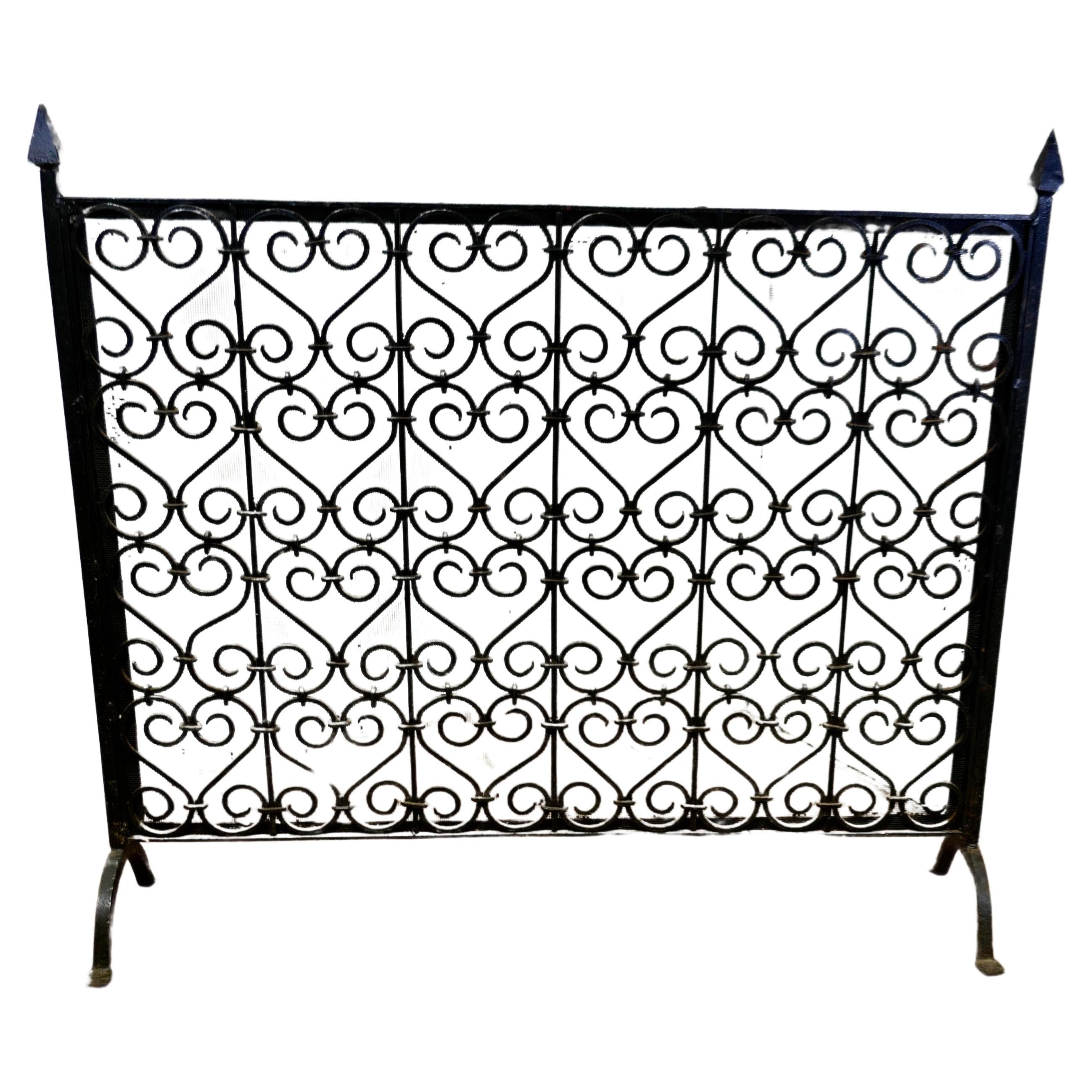 Large Very Heavy Old Gothic Wrought Iron Fire Screen    For Sale