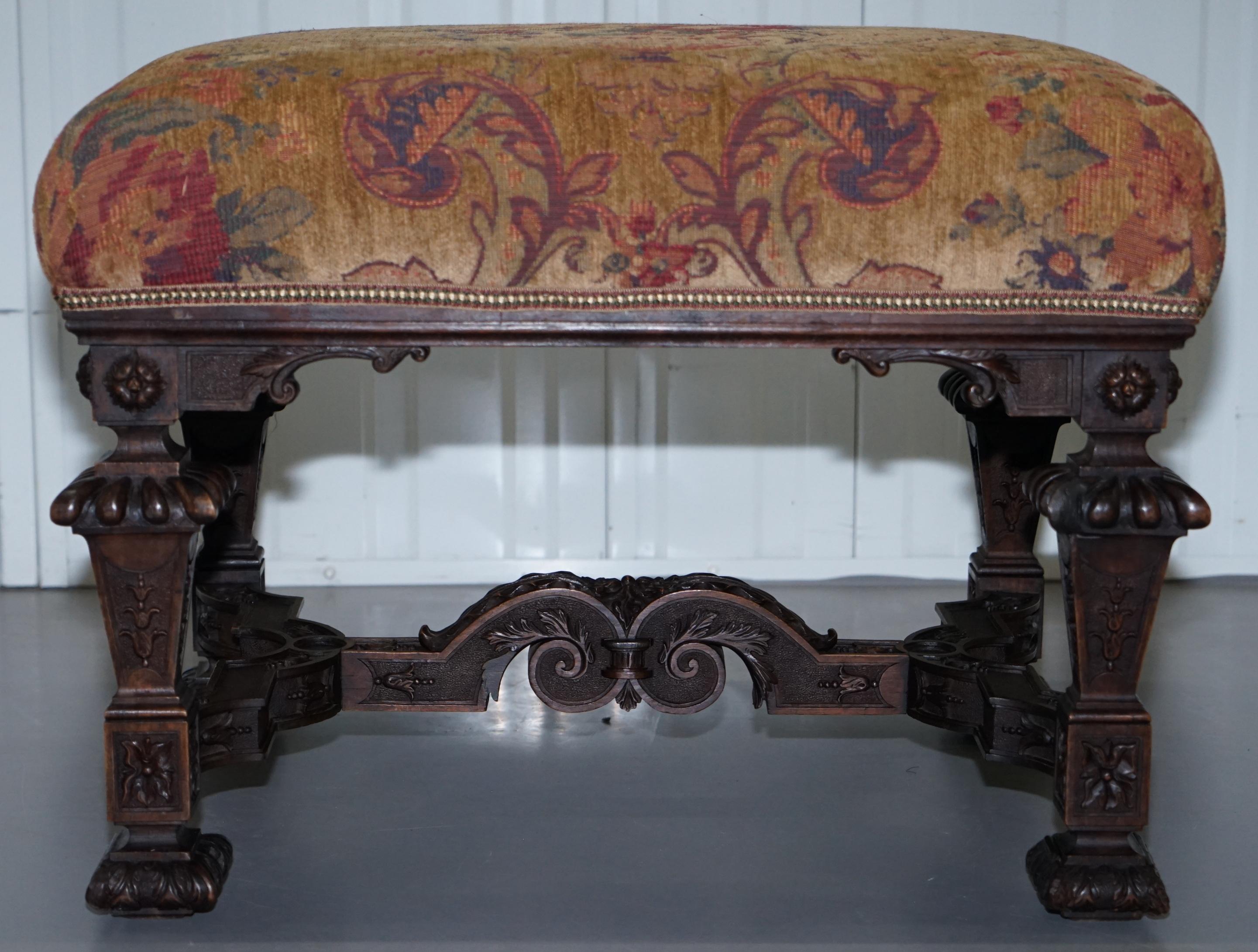 Upholstery Large Very Rare 1884 Chateau De Landreville Estate Made Hand Carved Walnut Stool