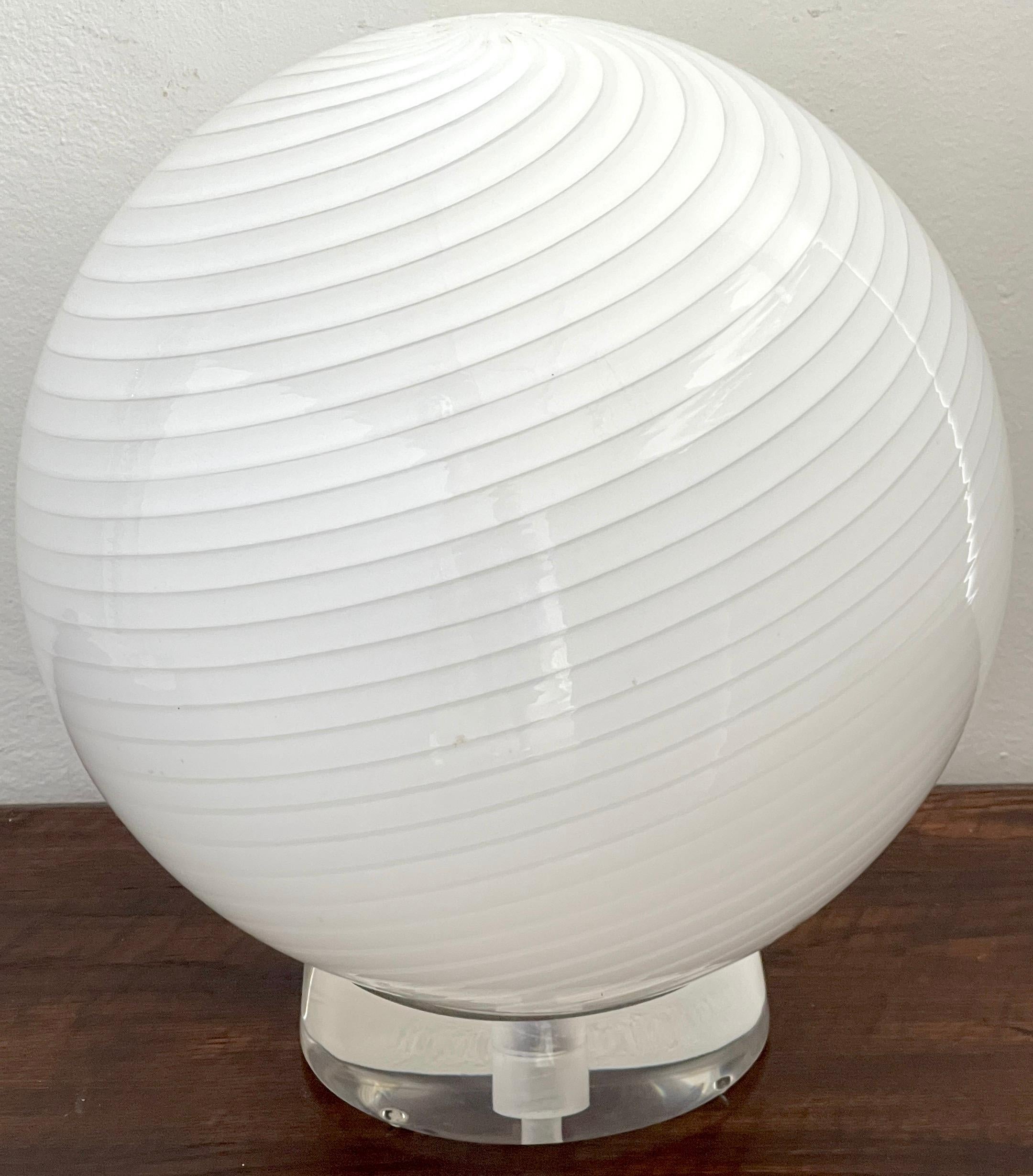 Large Vetri-Murano & Lucite Orb Lamp, Magnificent subtle white and gray swirl murano glass orb, retains label, raised on a round lucite base. New wiring. 
Murano orb lamp shade alone 16 height x 15 depth x 8” base
18” height x 15” depth x 8” base.