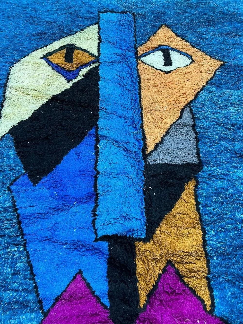 Woven Large Vibrant Blue Modern Moroccan Wool Beni M'Rirt Rug w/ Abstract Face Design For Sale