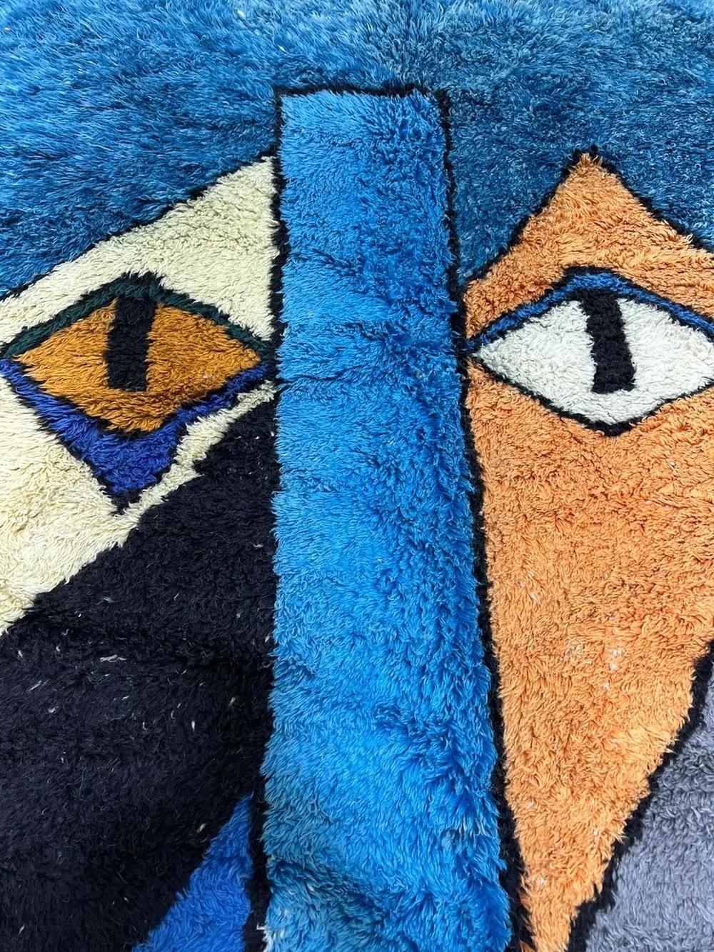 Large Vibrant Blue Modern Moroccan Wool Beni M'Rirt Rug w/ Abstract Face Design In New Condition For Sale In Los Angeles, CA