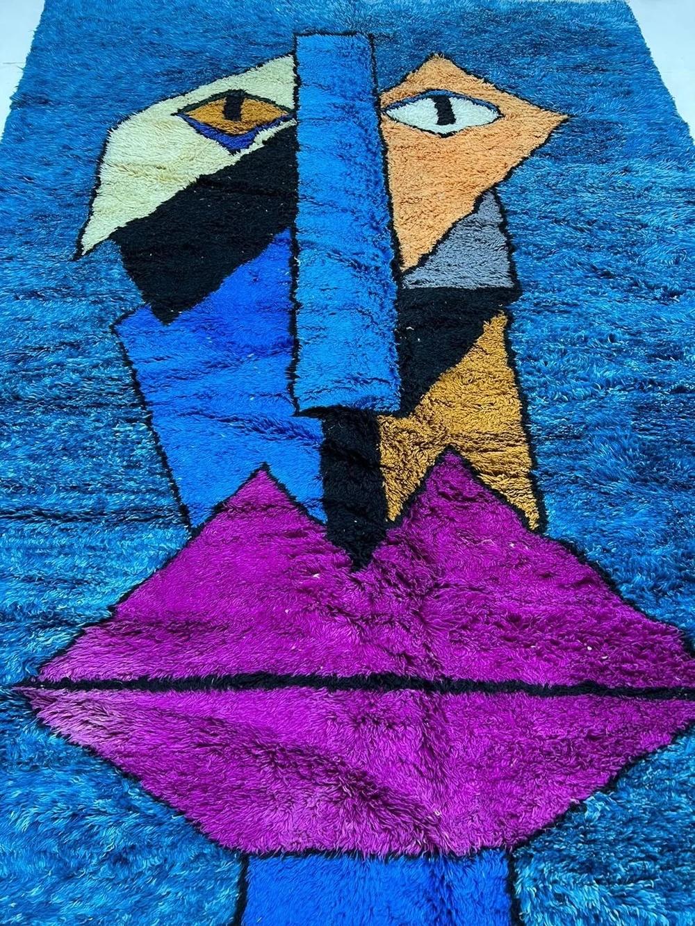 Contemporary Large Vibrant Blue Modern Moroccan Wool Beni M'Rirt Rug w/ Abstract Face Design For Sale