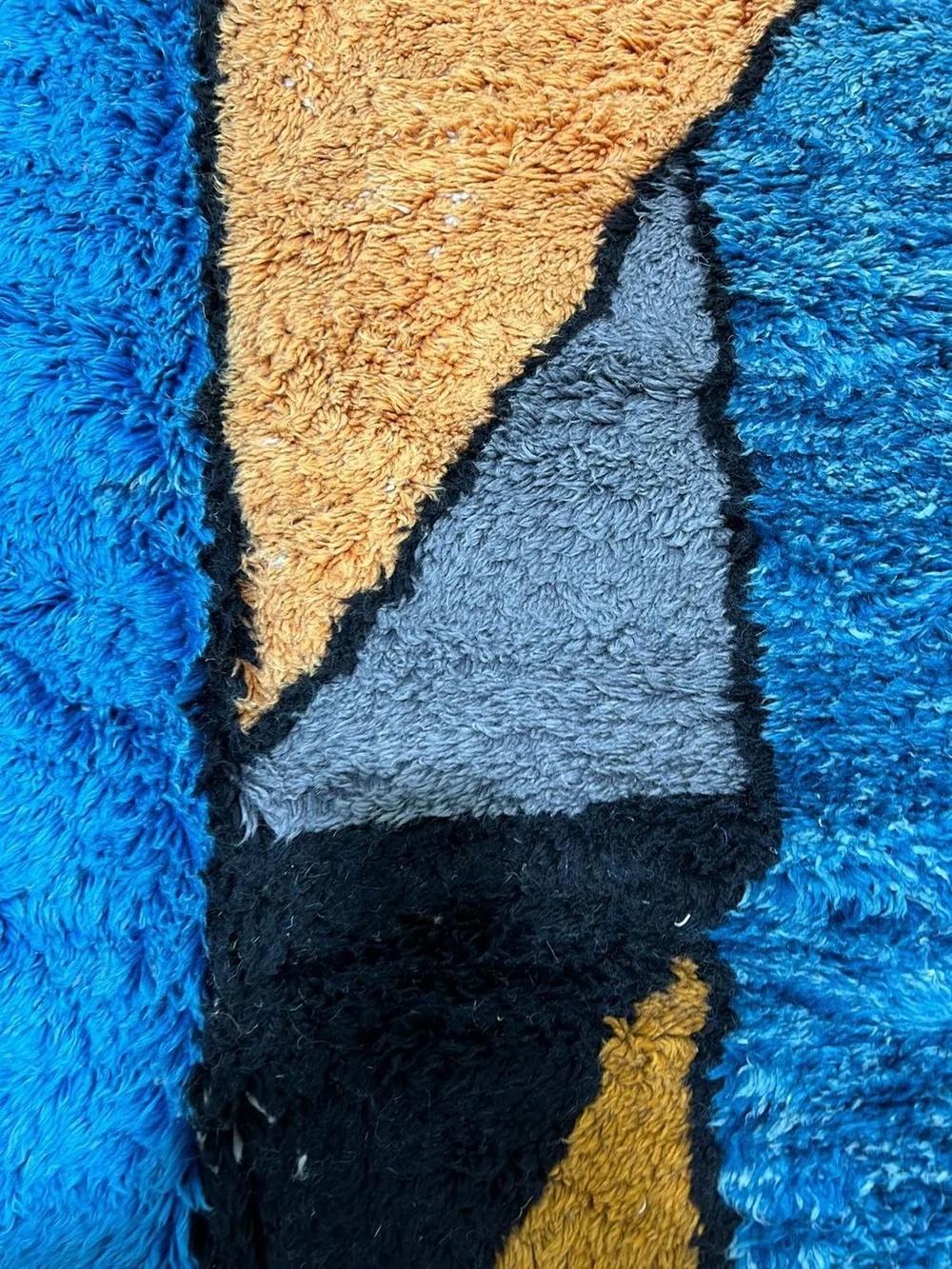 Large Vibrant Blue Modern Moroccan Wool Beni M'Rirt Rug w/ Abstract Face Design For Sale 1