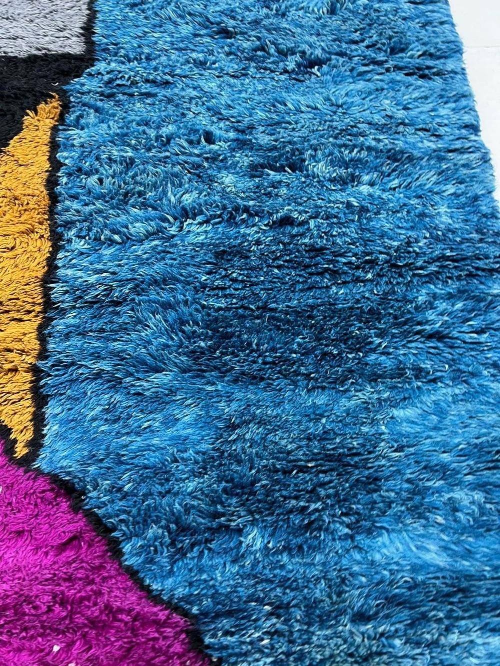Large Vibrant Blue Modern Moroccan Wool Beni M'Rirt Rug w/ Abstract Face Design For Sale 2