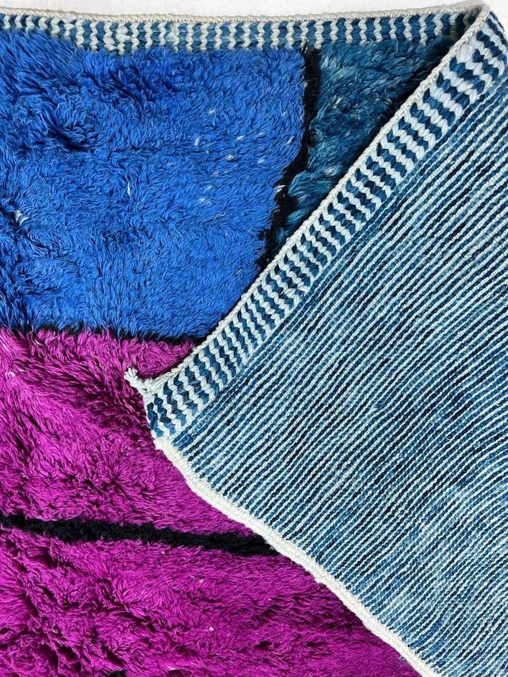 Large Vibrant Blue Modern Moroccan Wool Beni M'Rirt Rug w/ Abstract Face Design For Sale 3