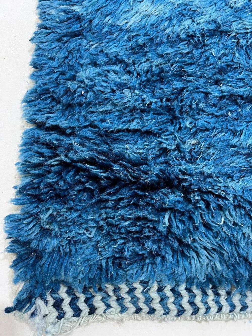 Large Vibrant Blue Modern Moroccan Wool Beni M'Rirt Rug w/ Abstract Face Design For Sale 4