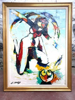 Grande huile sur toile vibrante d'un nu féminin par Claude Vnard