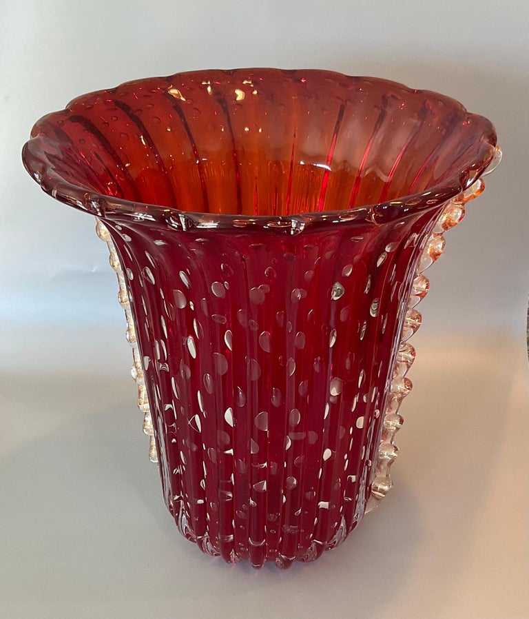 Large Vibrant Red Barovier Style Murano Art Glass Vase with Controlled