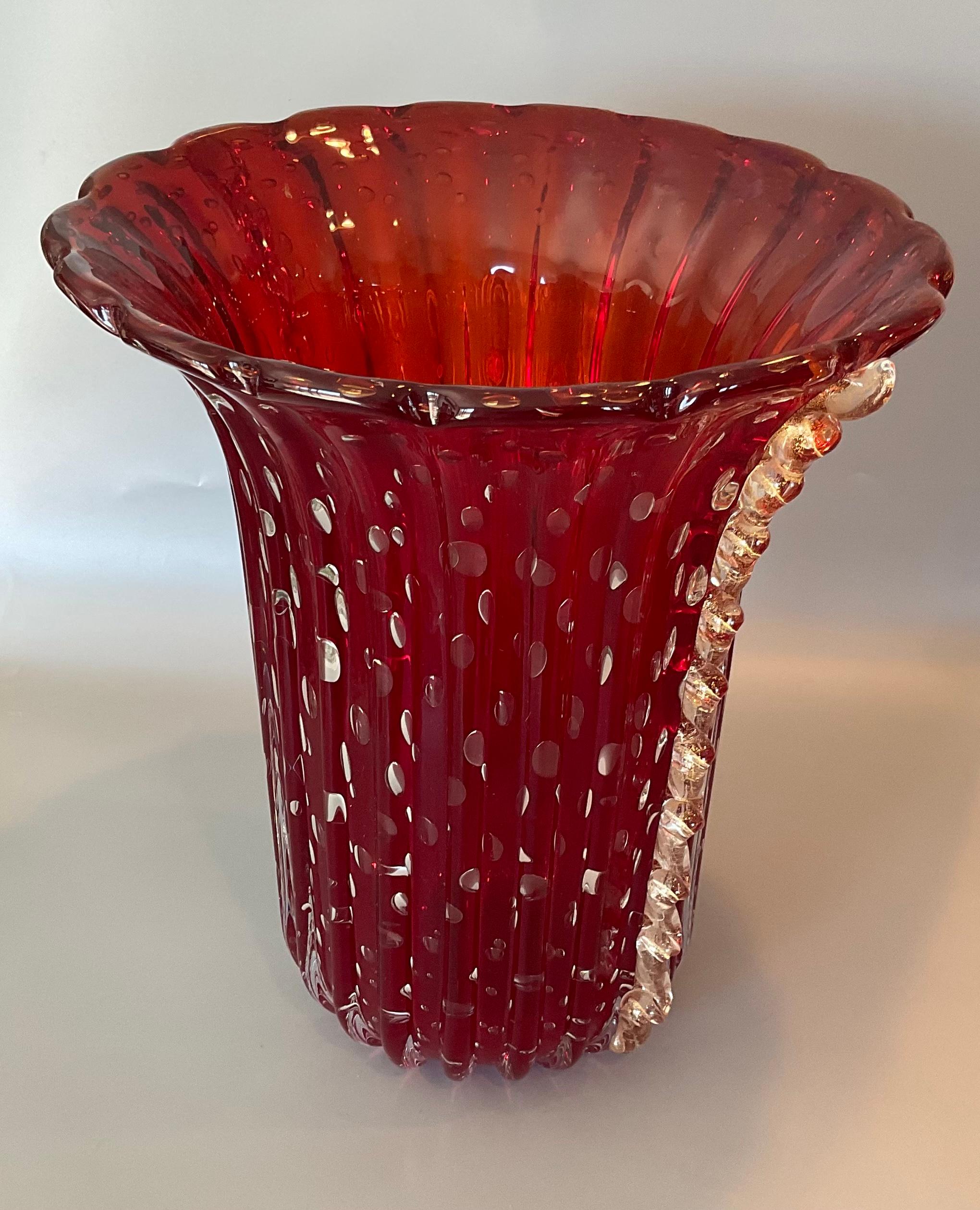 Mid-Century Modern Large Vibrant Red Barovier Style Murano Art Glass Vase with Controlled Bubbles For Sale