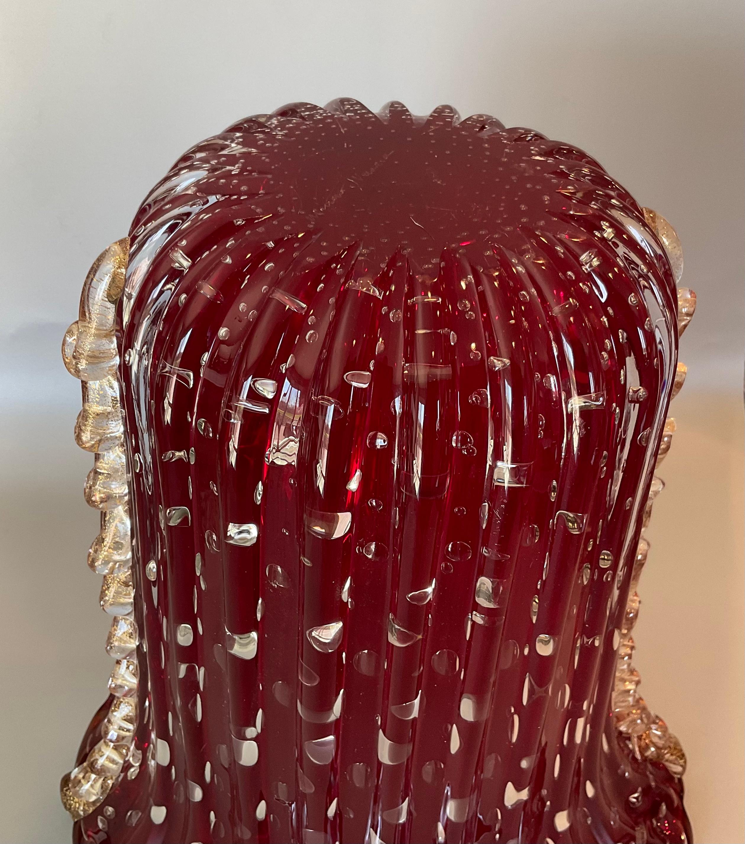 Italian Large Vibrant Red Barovier Style Murano Art Glass Vase with Controlled Bubbles For Sale