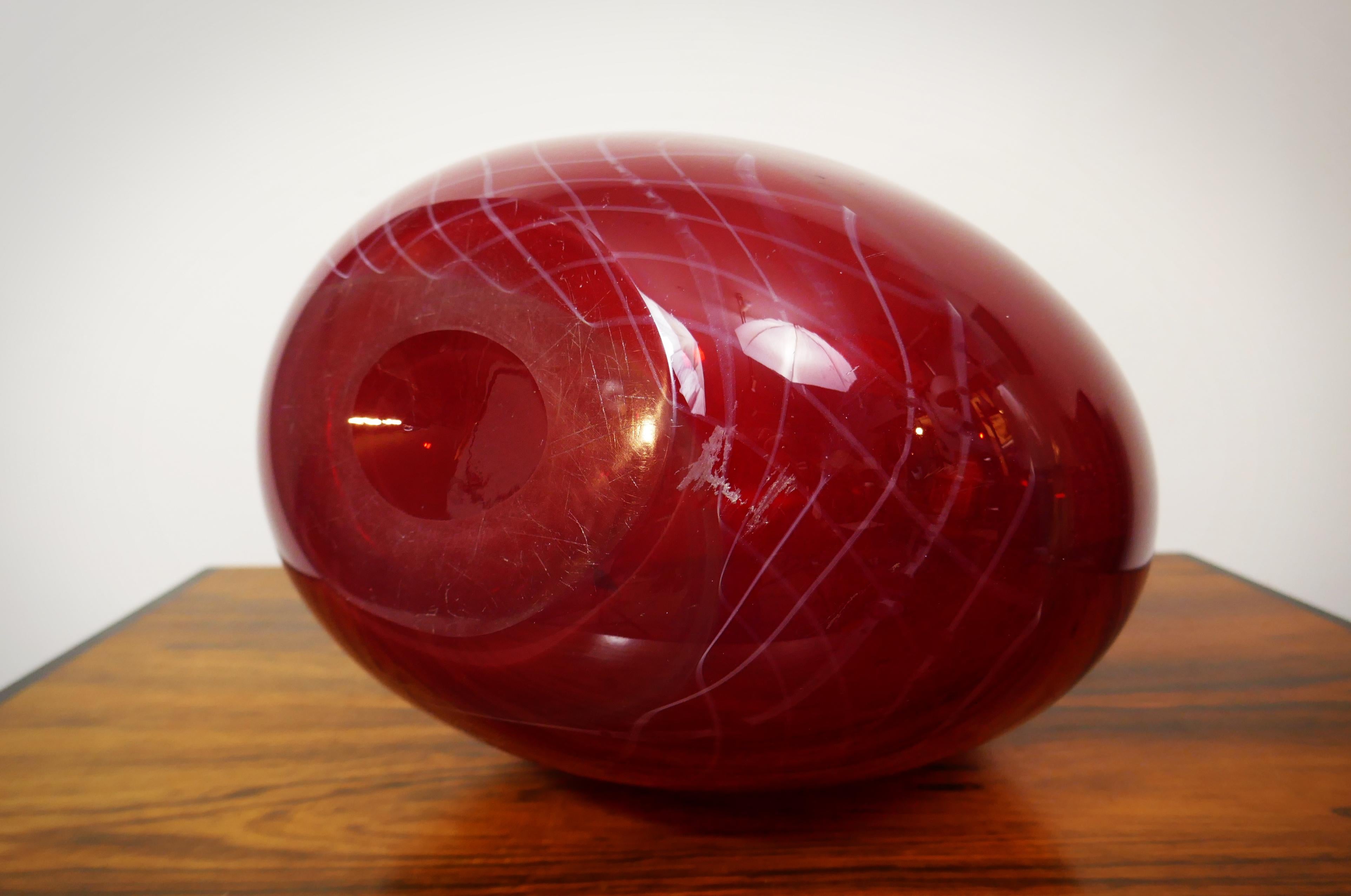 Mid-Century Modern Large Vibrant Red Scandinavian Glass Decorative Criss Cross Detail Vase, 1970s