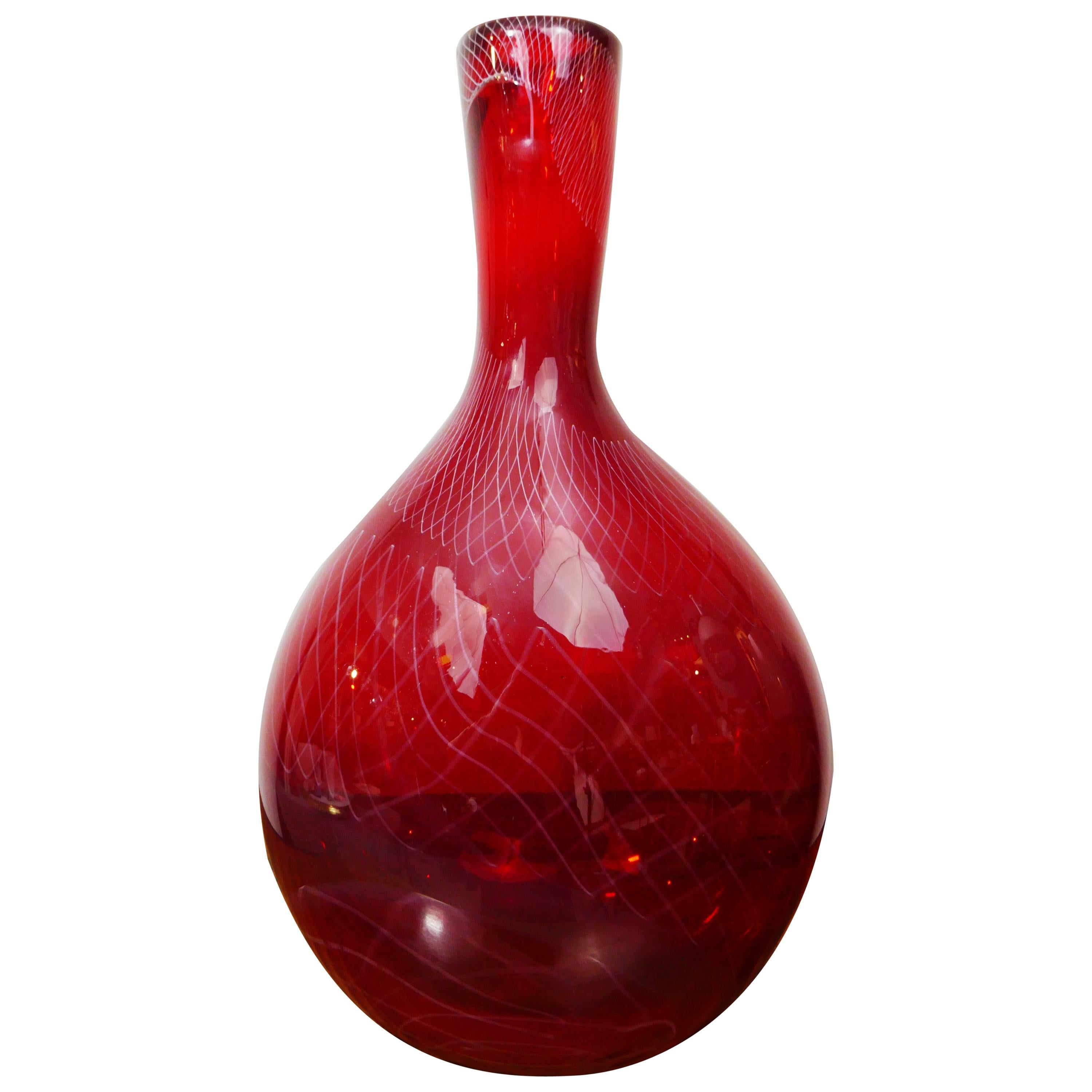 Large Vibrant Red Scandinavian Glass Decorative Criss Cross Detail Vase, 1970s