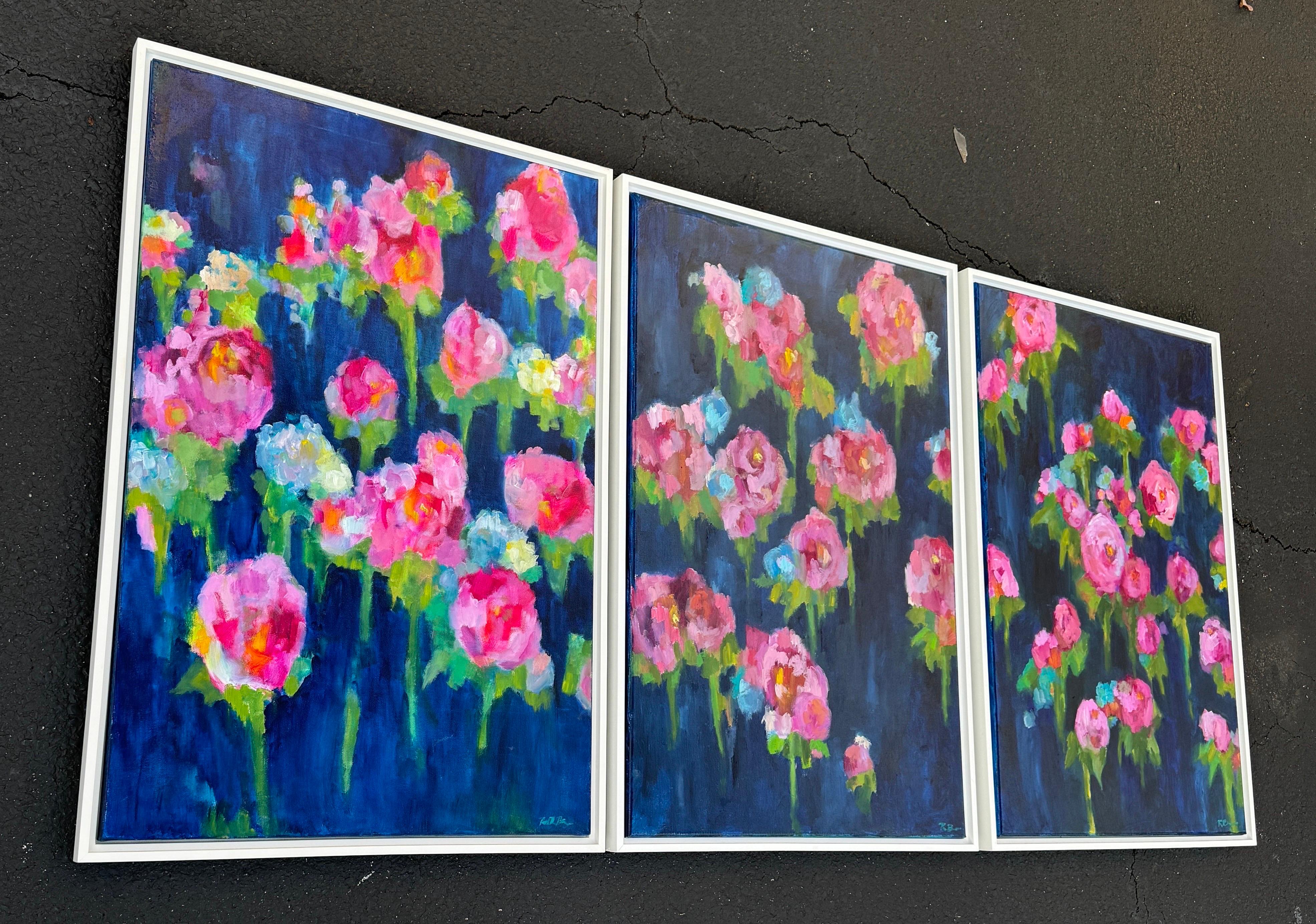 Gran Tríptico Vibrante Peonías Florales Pinturas al Óleo, Firmado Rachel Brown 2019 en venta 9