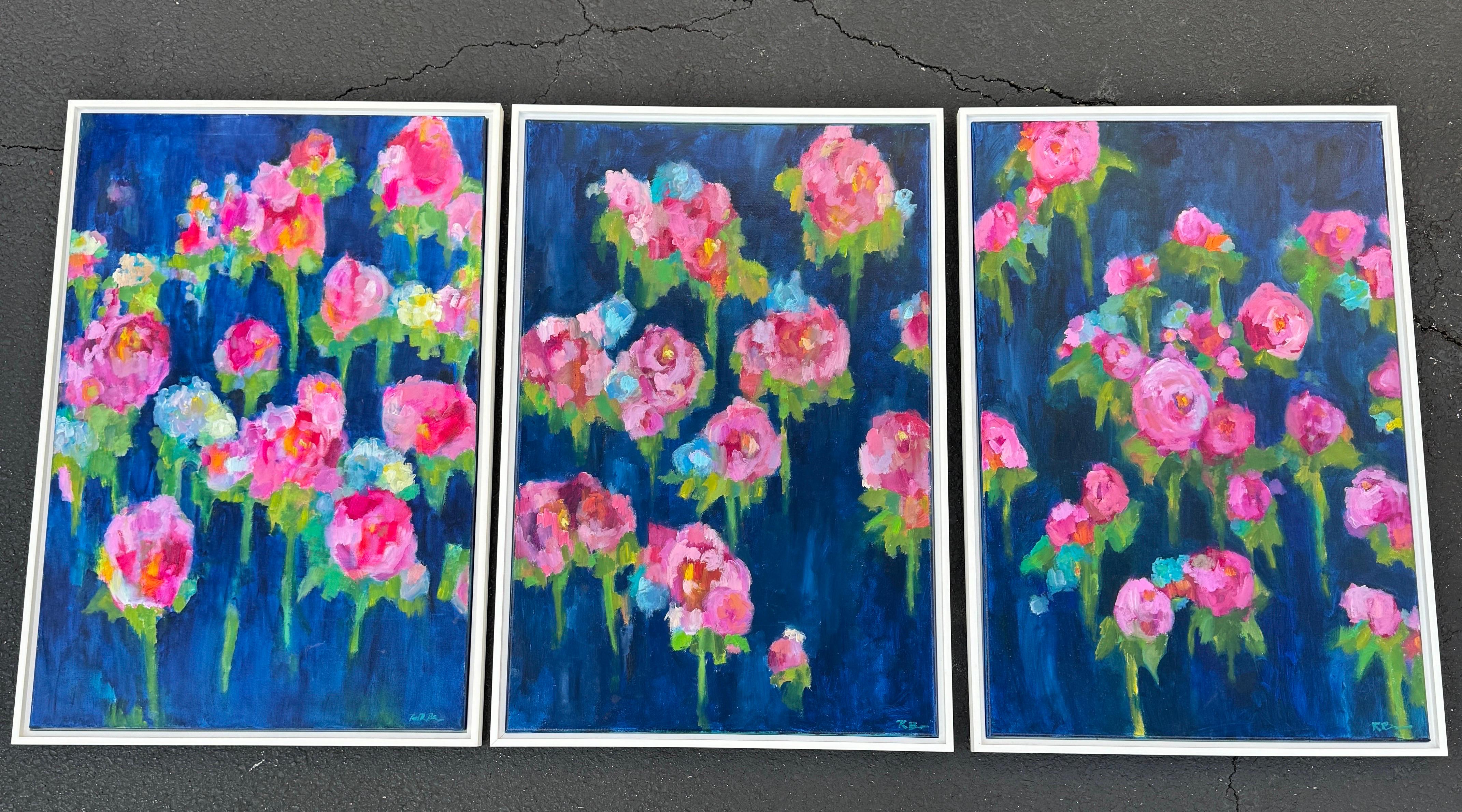 Gran Tríptico Vibrante Peonías Florales Pinturas al Óleo, Firmado Rachel Brown 2019 en venta 10