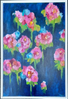 Large Vibrant Triptych Peonies Floral Oil Paintings, Rachel Brown 2019