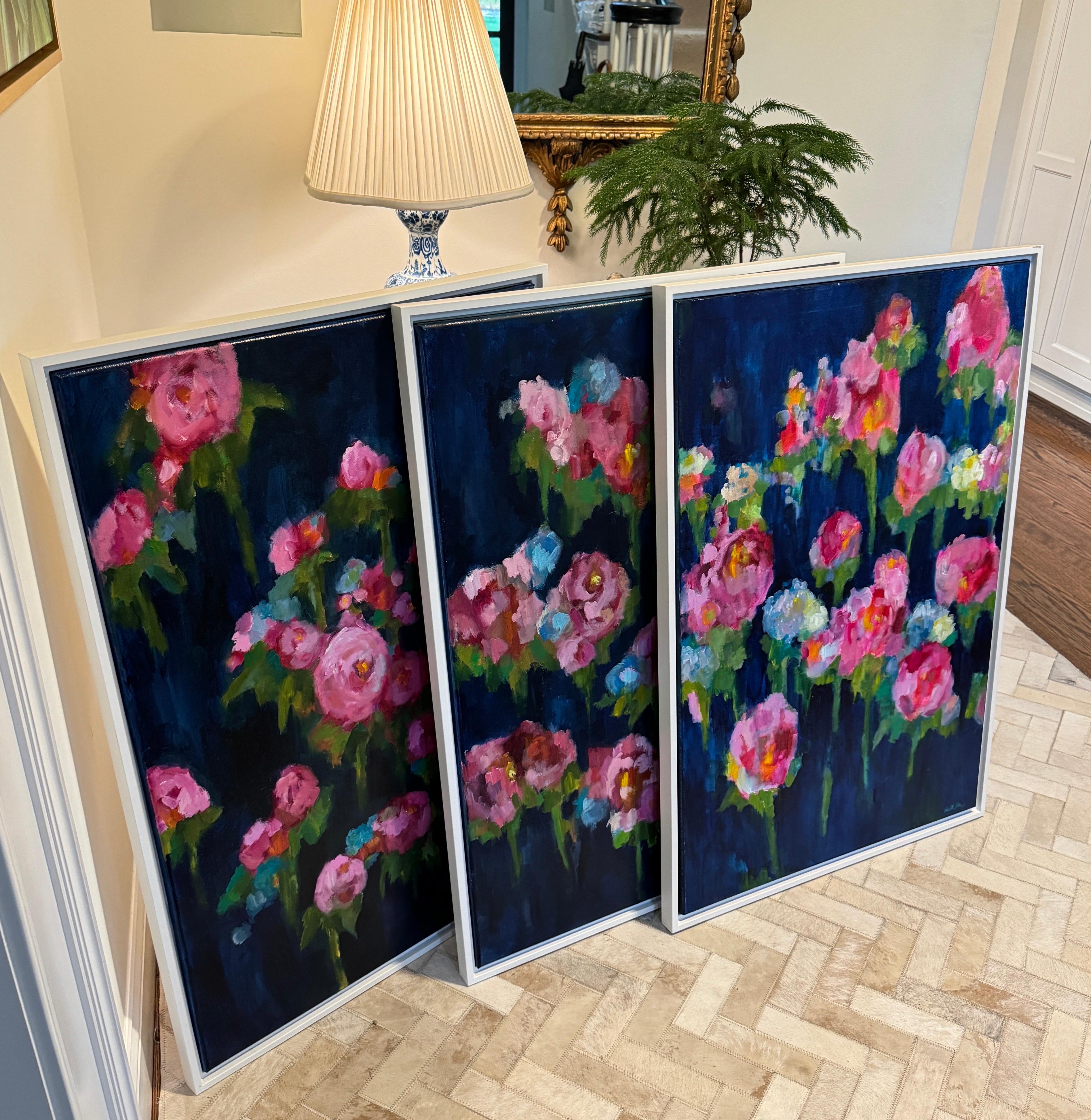 Gran Tríptico Vibrante Peonías Florales Pinturas al Óleo, Firmado Rachel Brown 2019 en venta 12