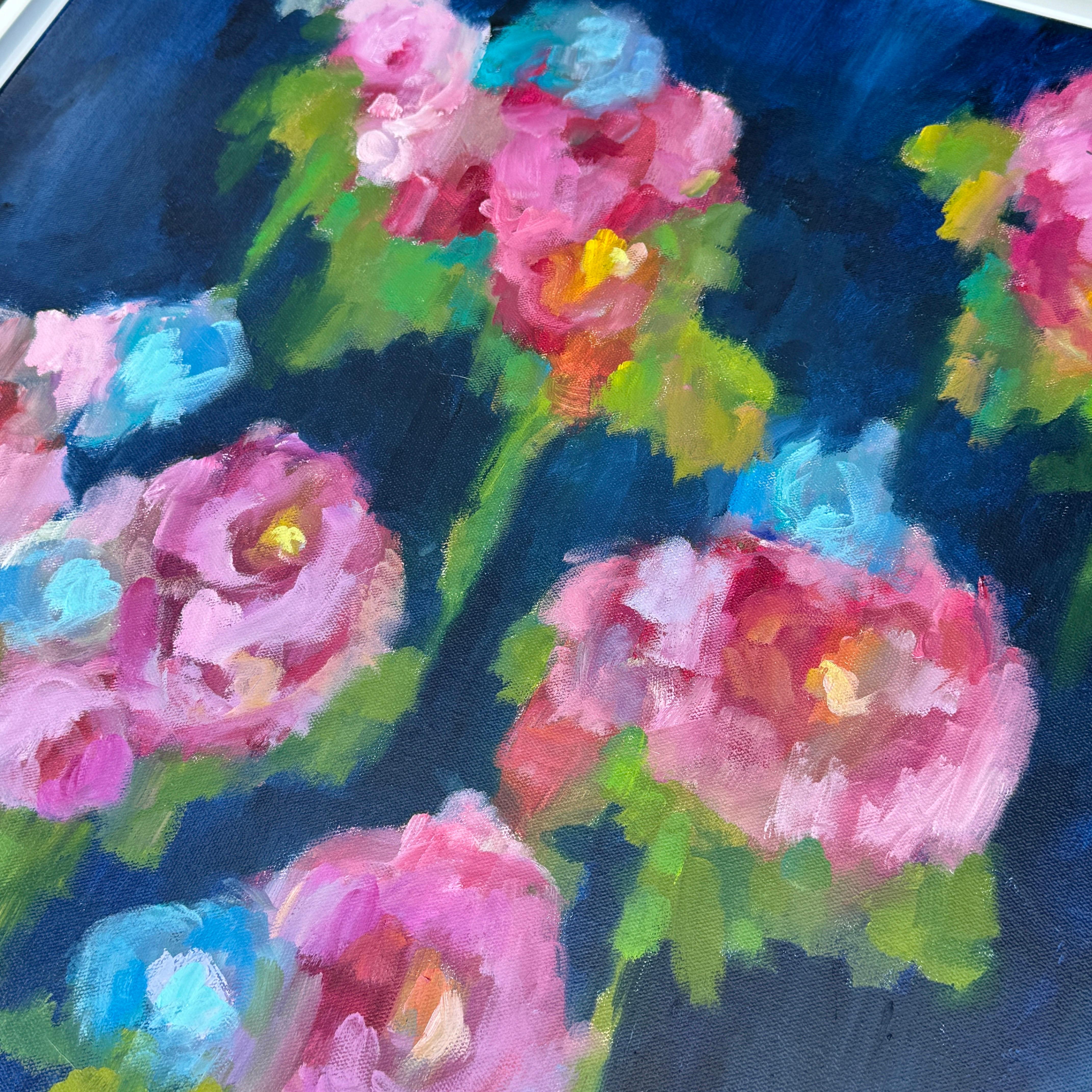 Gran Tríptico Vibrante Peonías Florales Pinturas al Óleo, Firmado Rachel Brown 2019 Lienzo en venta