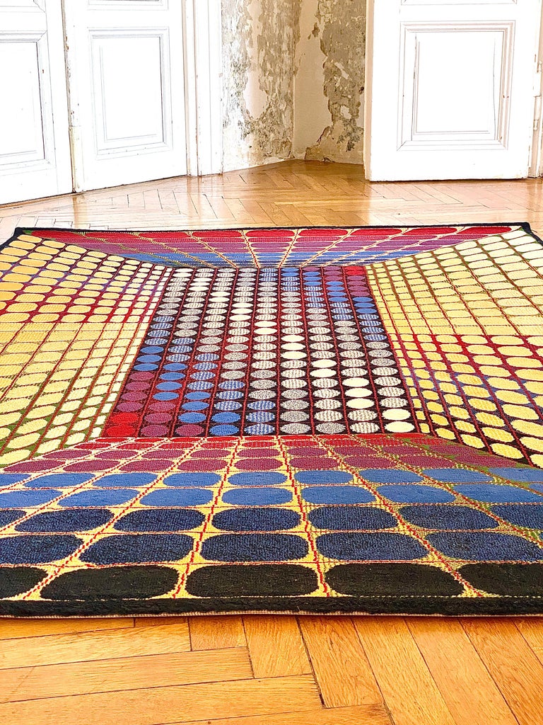 Large Victor Vasarely Attributed Geometric 3D OpArt Carpet Rug