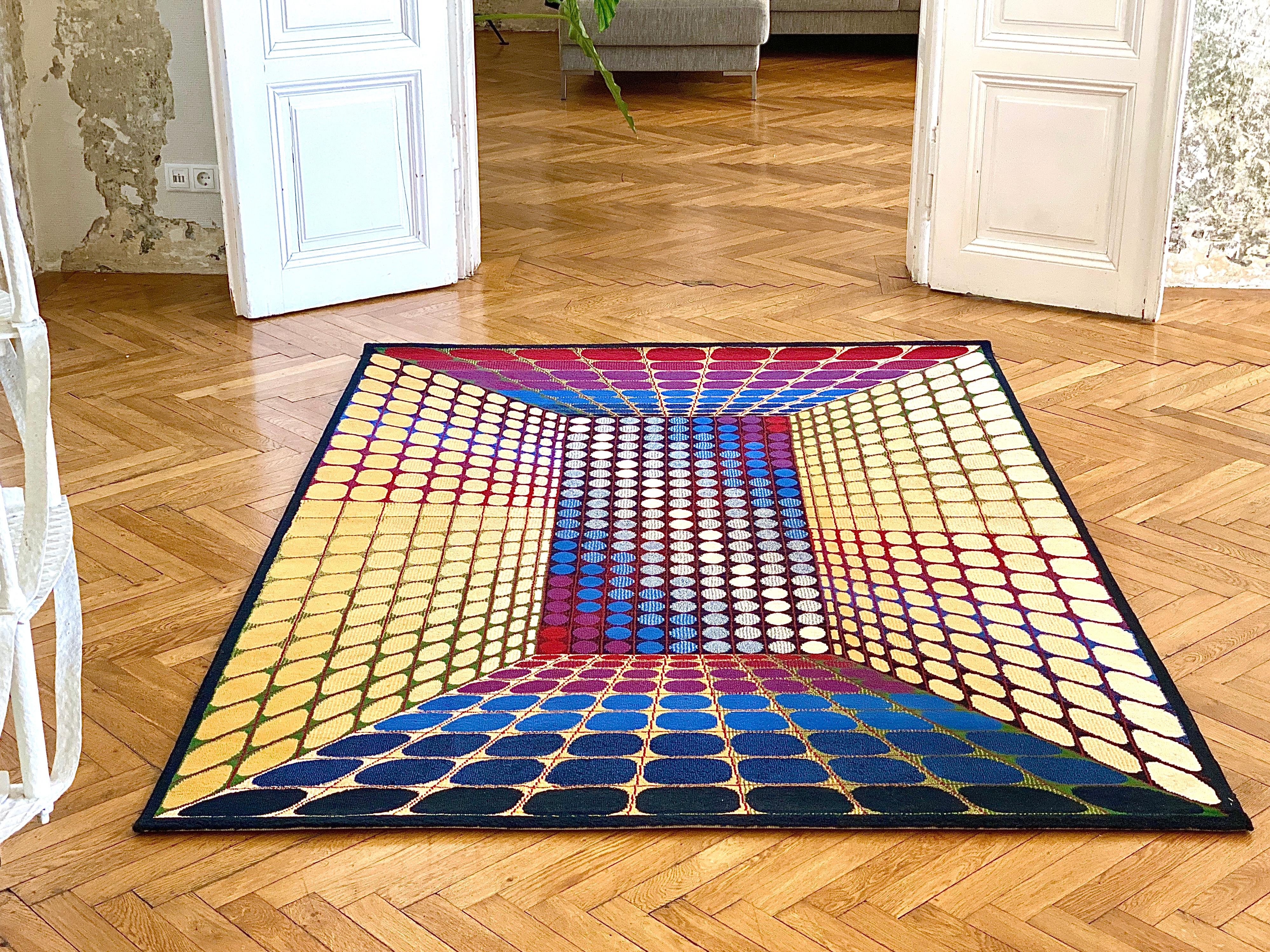 Late 20th Century Large Victor Vasarely Attributed Geometric 3D Op-Art Carpet Rug, Germany, 1970s