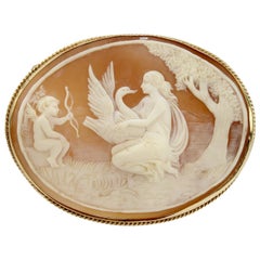 Vintage Large Victorian 14 Karat Gold and Carved Shell Cameo Brooch of Leda and the Swan