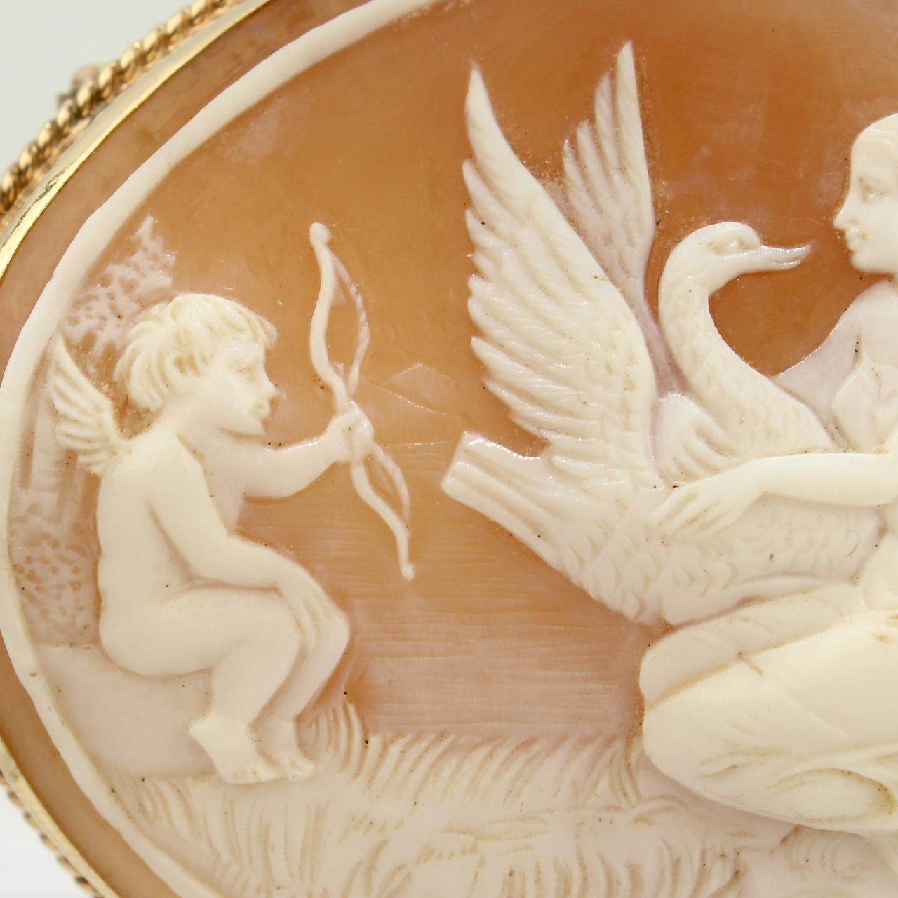 Large Victorian 14 Karat Gold and Carved Shell Cameo Brooch of Leda and the Swan In Good Condition In Philadelphia, PA