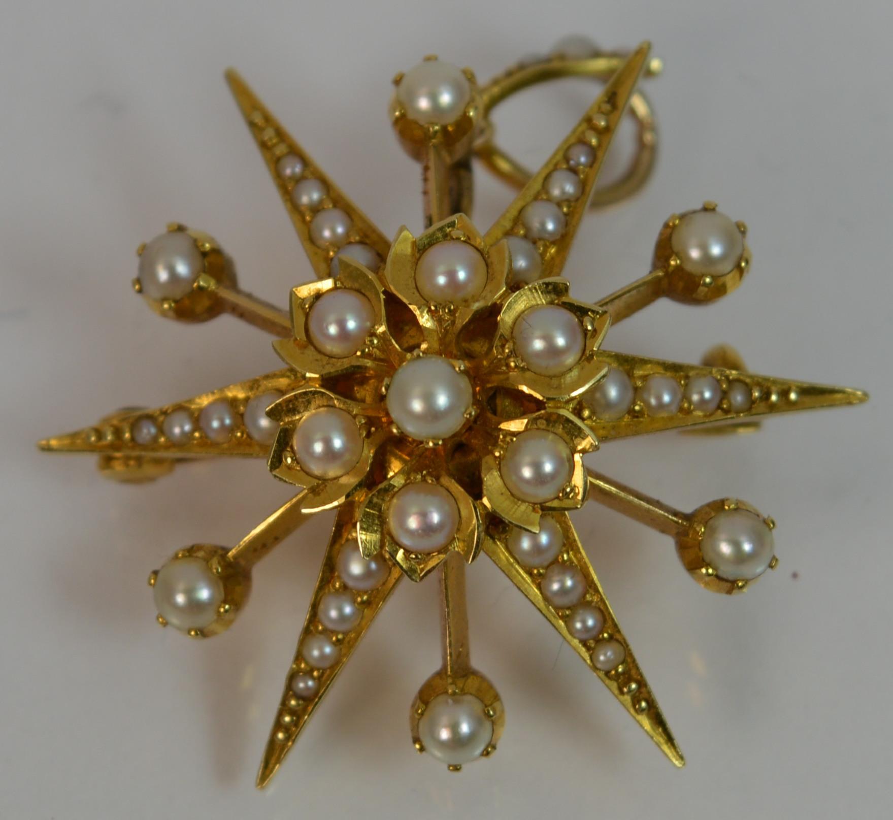 Women's Large Victorian 15 Carat Gold and Seed Pearl Star Shaped Pendant