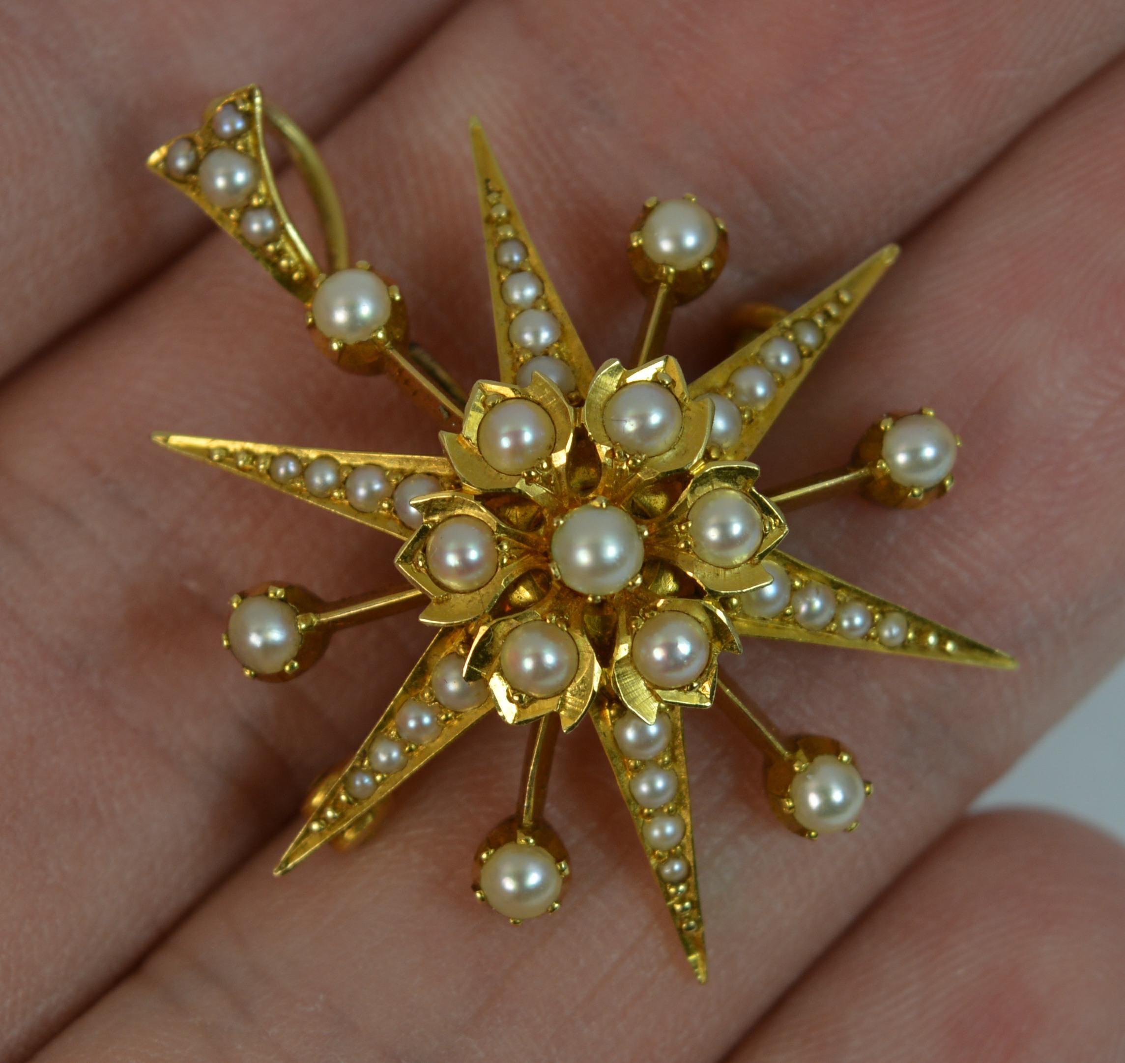 Large Victorian 15 Carat Gold and Seed Pearl Star Shaped Pendant 1