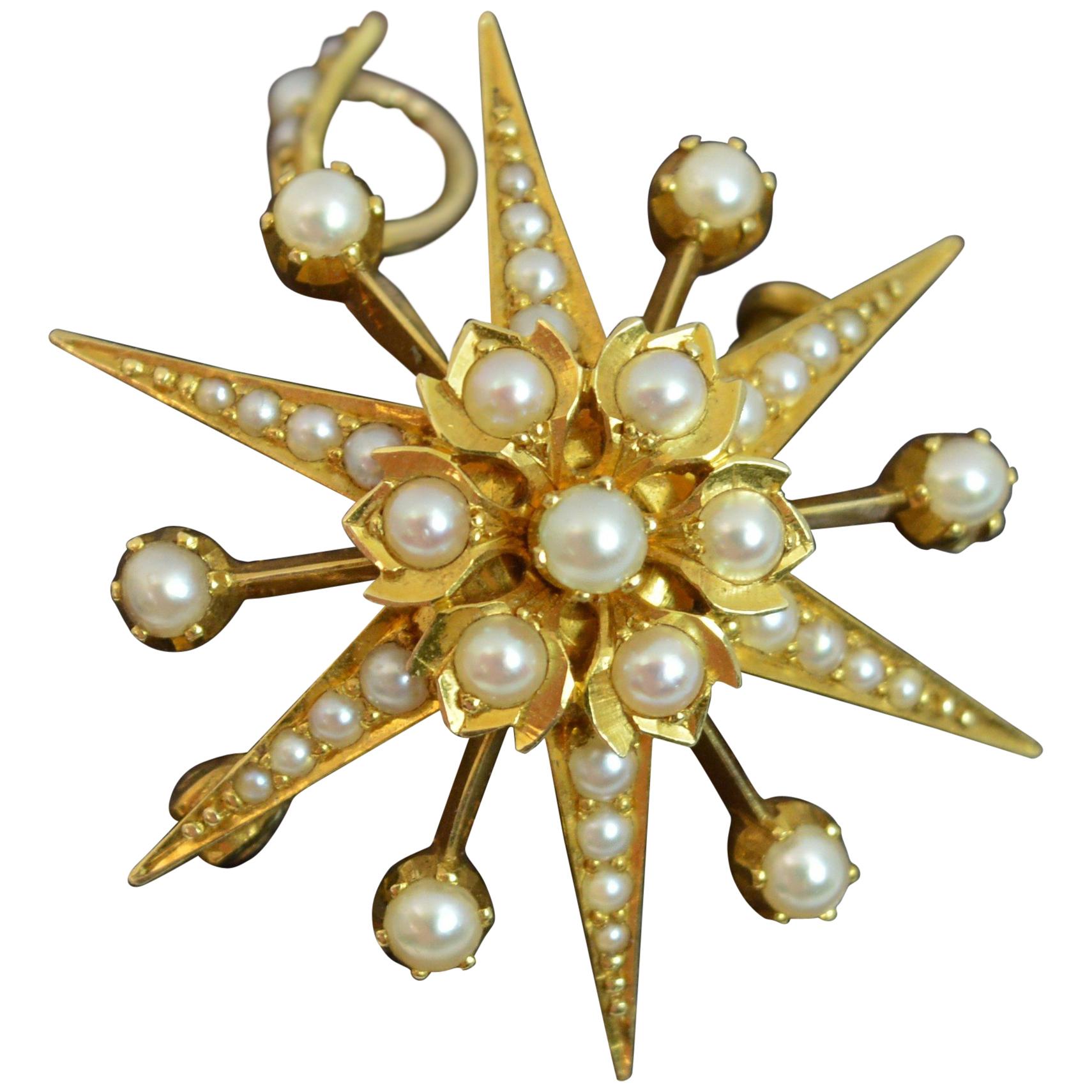 Large Victorian 15 Carat Gold and Seed Pearl Star Shaped Pendant