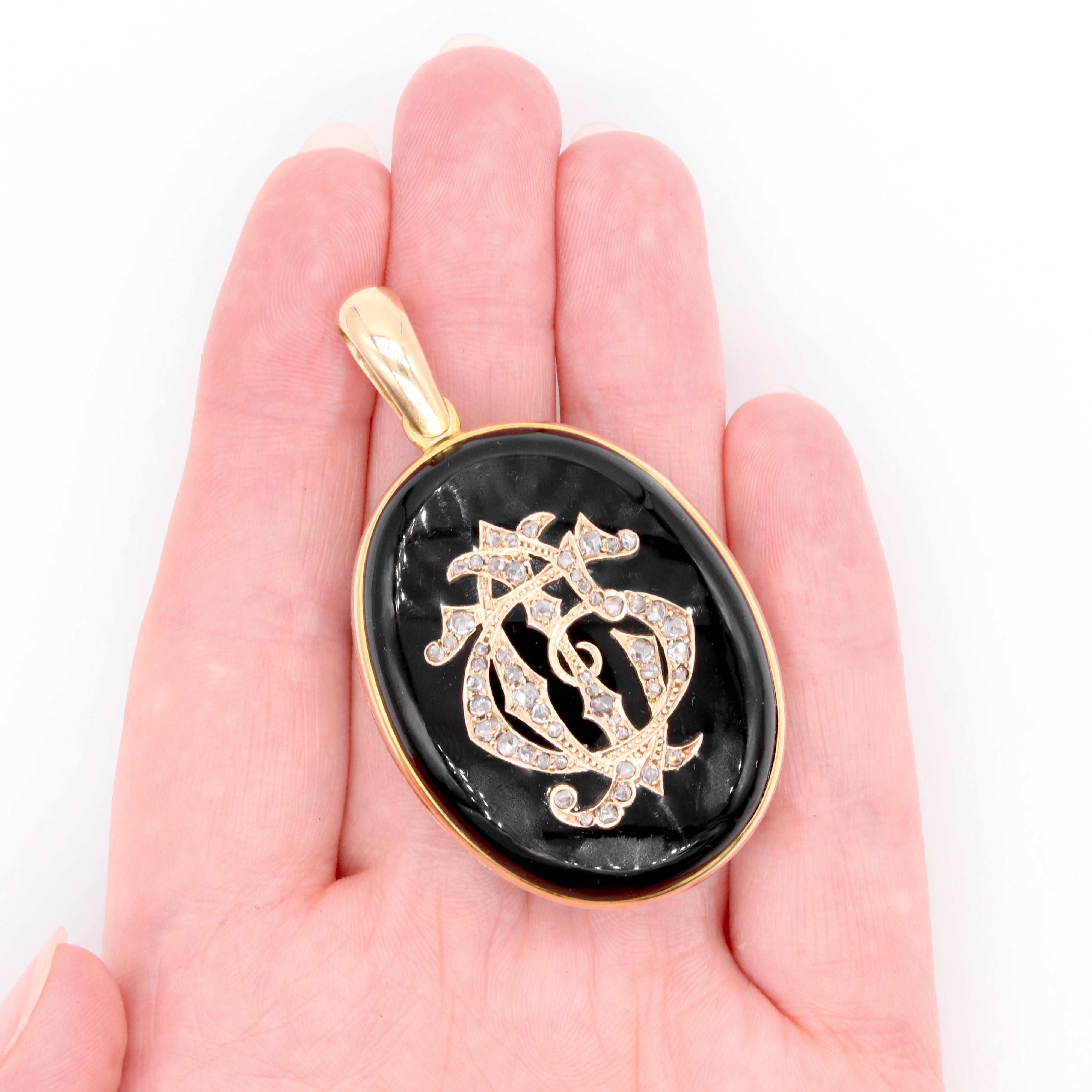 Large Victorian 15K Gold Diamond & Onyx Monogrammed Double Mourning Locket For Sale 6