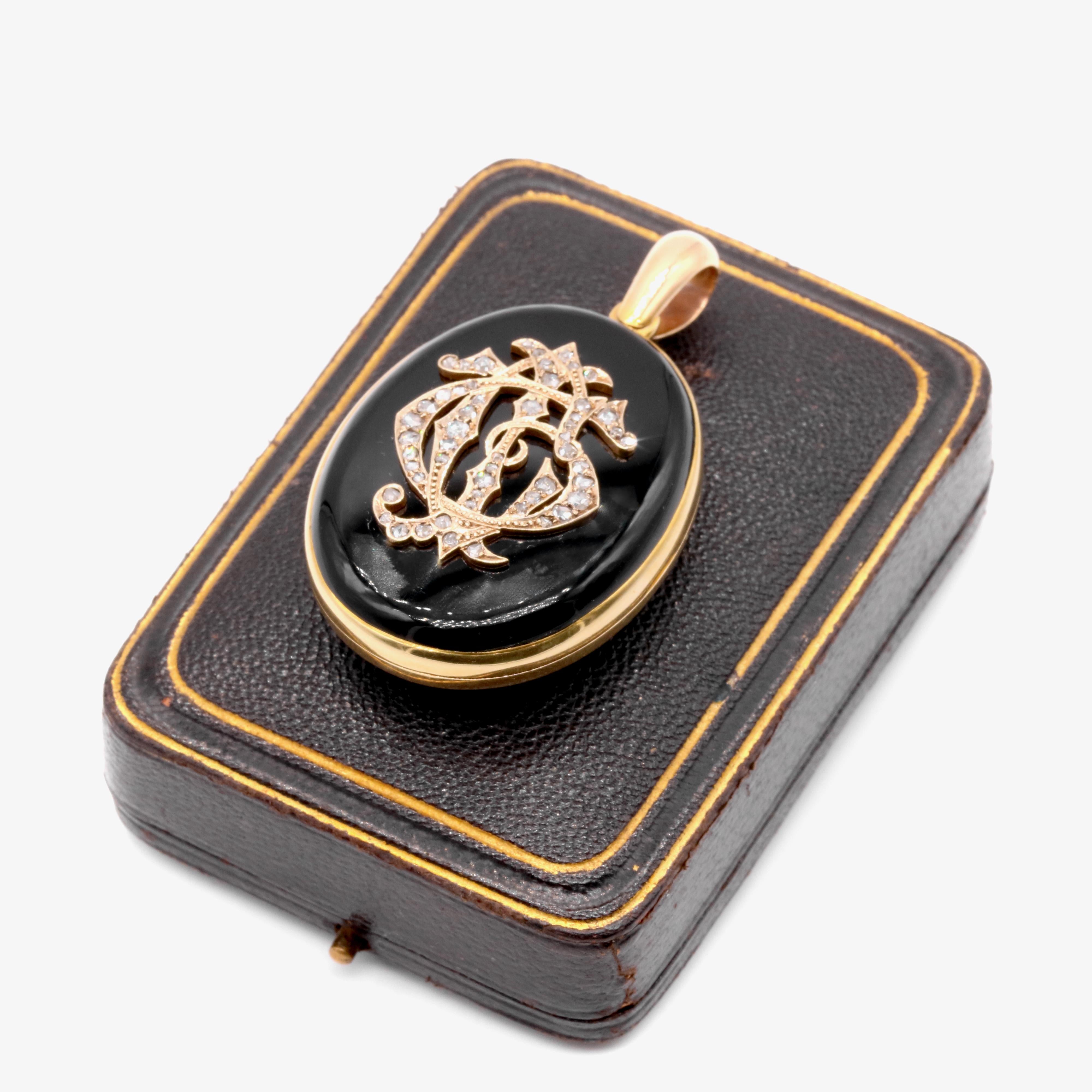 Rose Cut Large Victorian 15K Gold Diamond & Onyx Monogrammed Double Mourning Locket For Sale