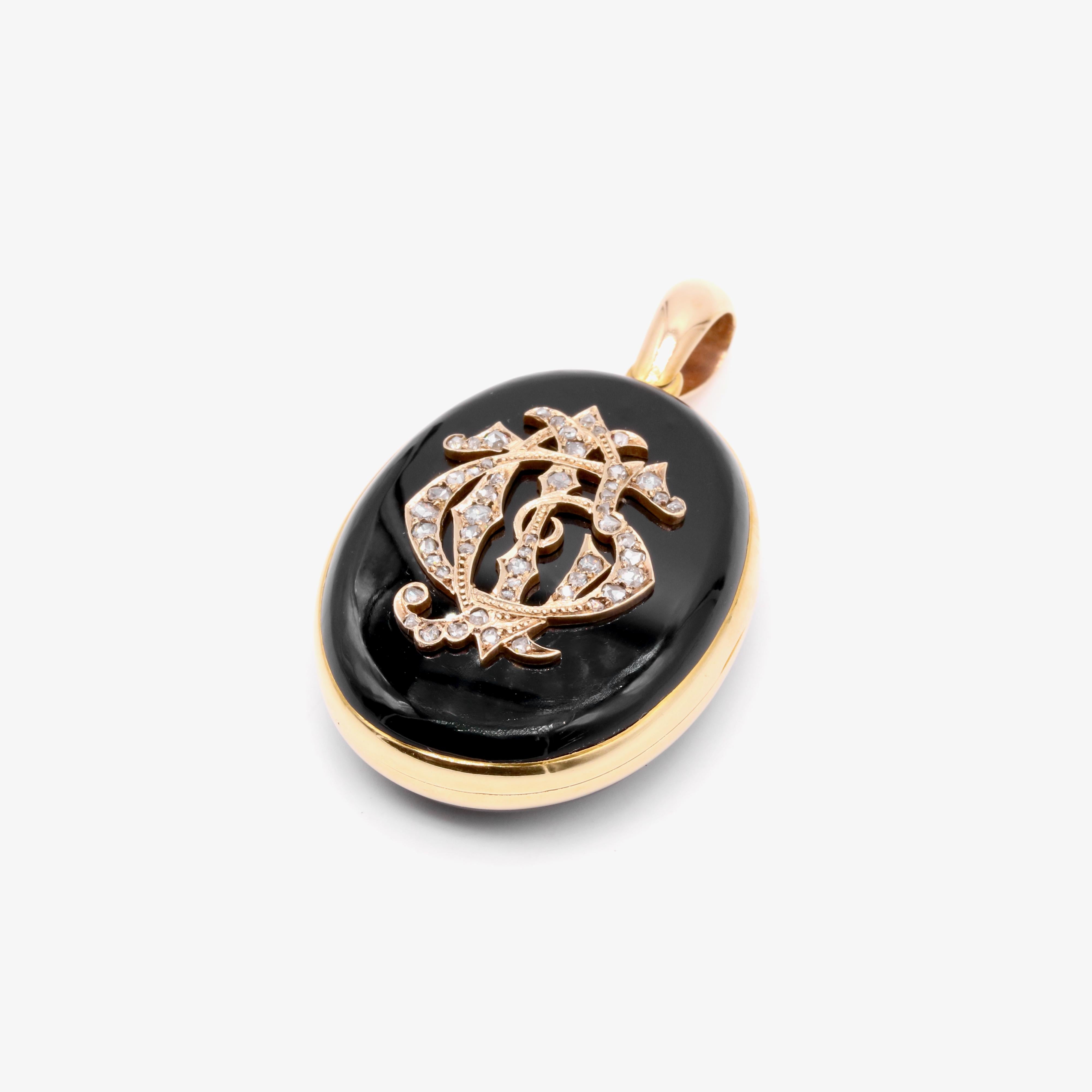 Women's or Men's Large Victorian 15K Gold Diamond & Onyx Monogrammed Double Mourning Locket For Sale