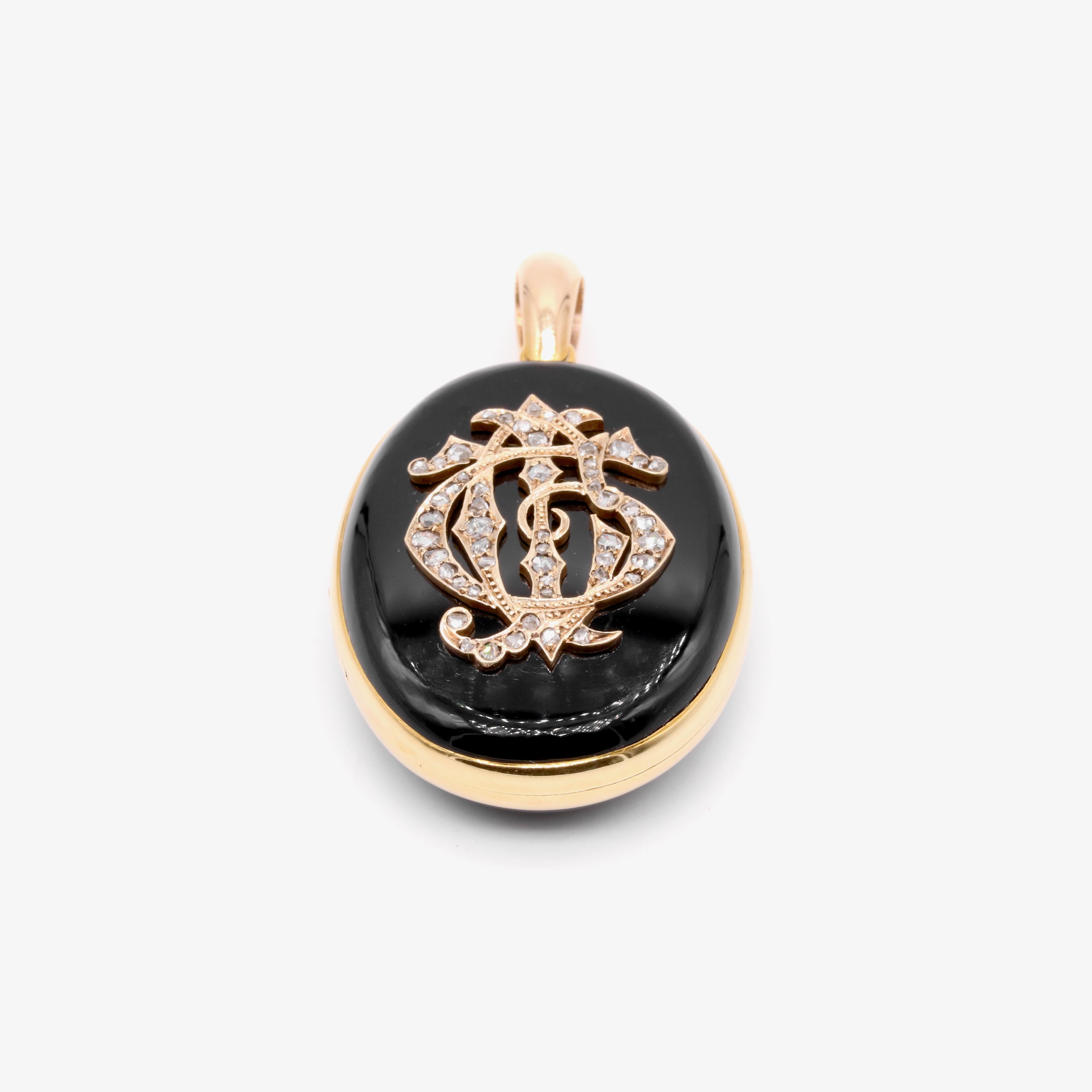 Large Victorian 15K Gold Diamond & Onyx Monogrammed Double Mourning Locket For Sale 2