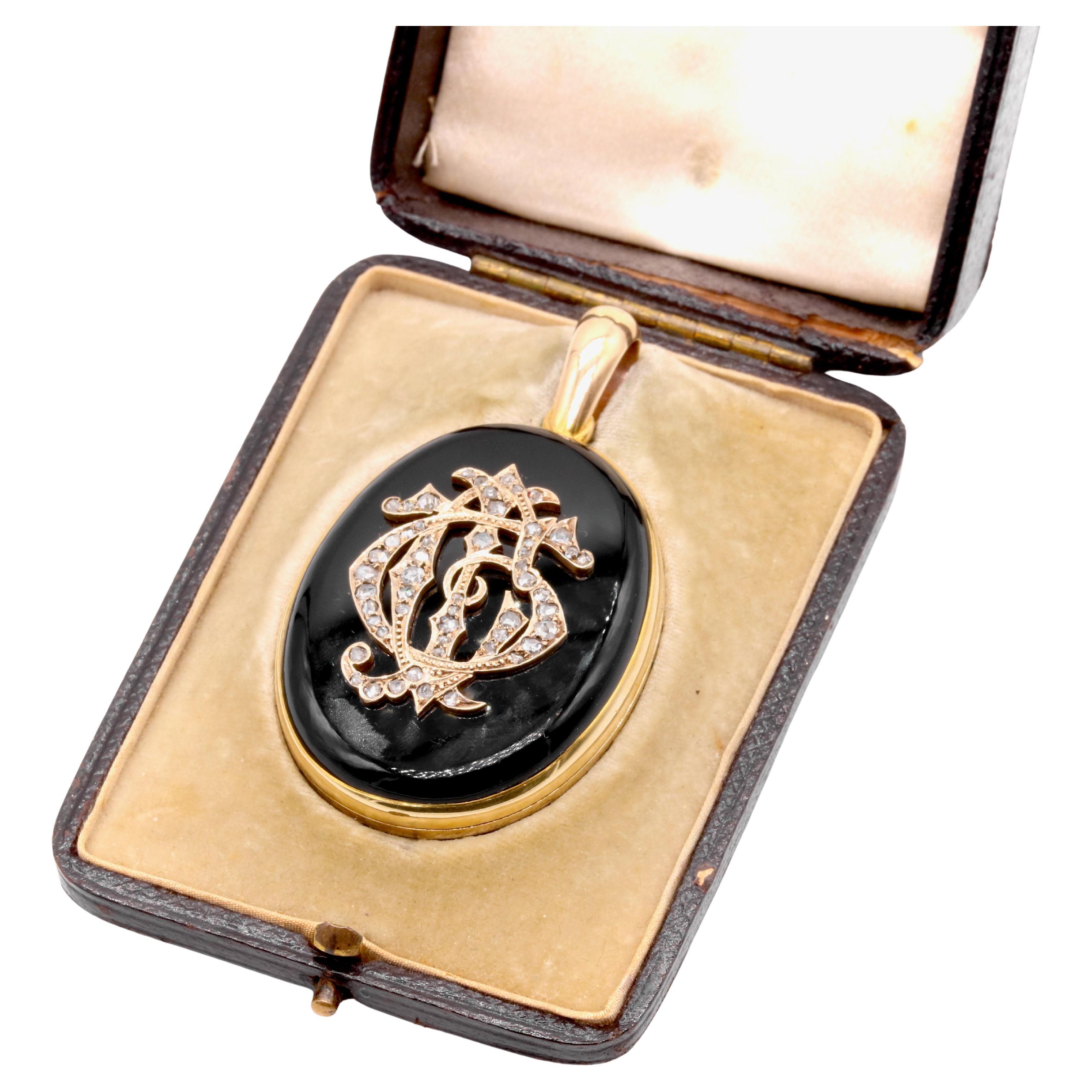 Large Victorian 15K Gold Diamond & Onyx Monogrammed Double Mourning Locket For Sale