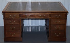 Large Victorian 16-Drawer Double Sided Twin Pedestal Partner Desk Brown Leather