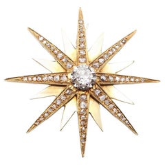 Large Victorian 16-pointed star diamond brooch in 18k gold, celestial jewelry