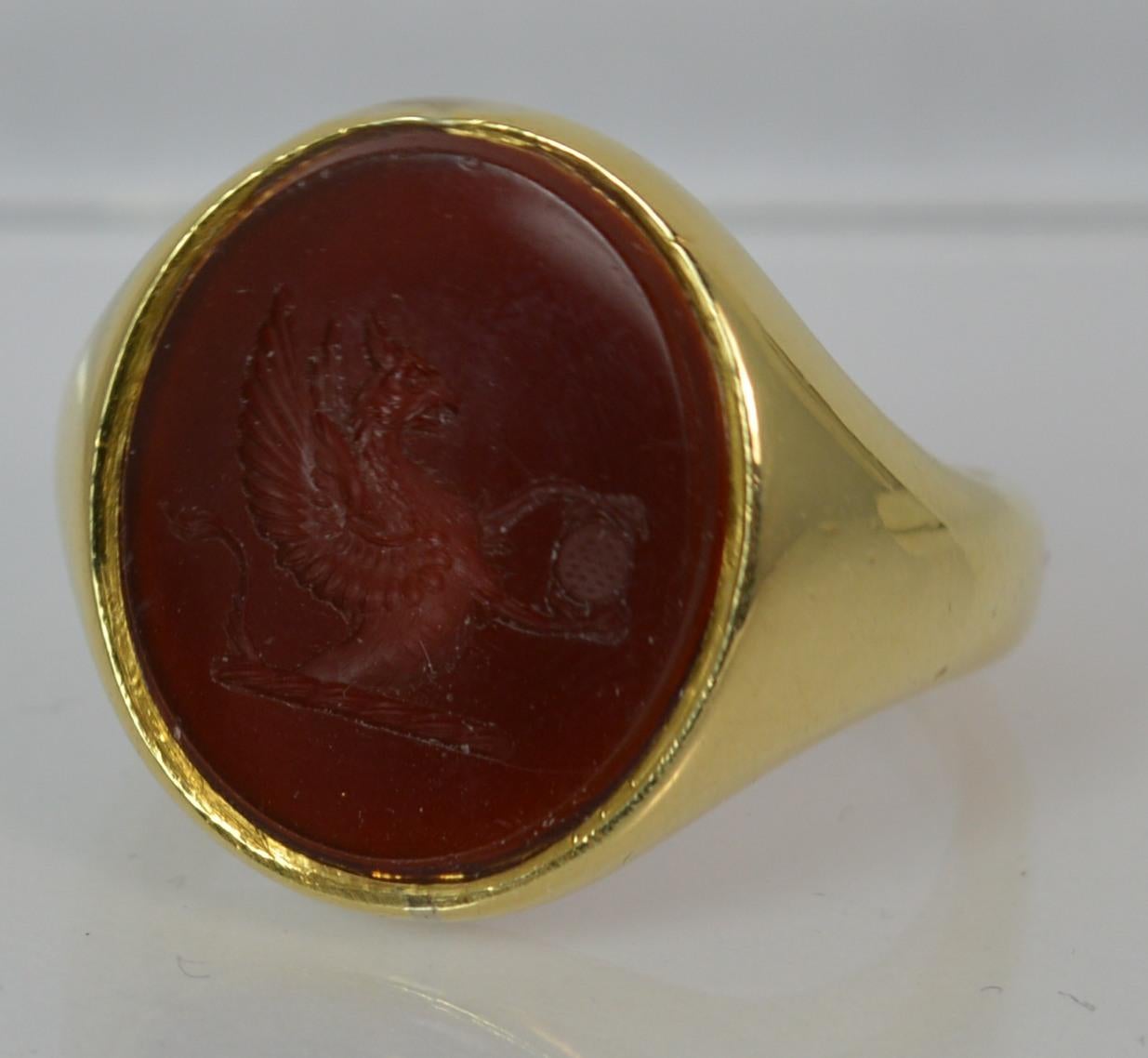 Large Victorian 18 Carat Gold Griffin Intaglio Carnelian Signet Ring 1