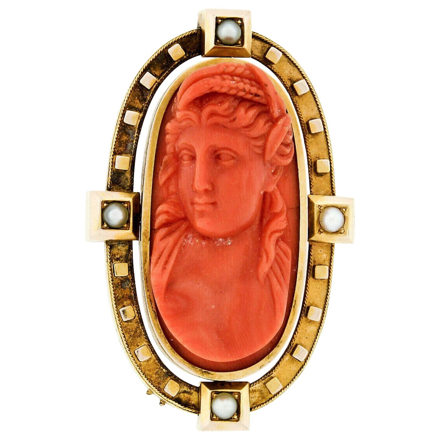 Large Victorian 18 Karat Gold GIA No Dye Carved Coral Cameo Pearl Brooch Pin